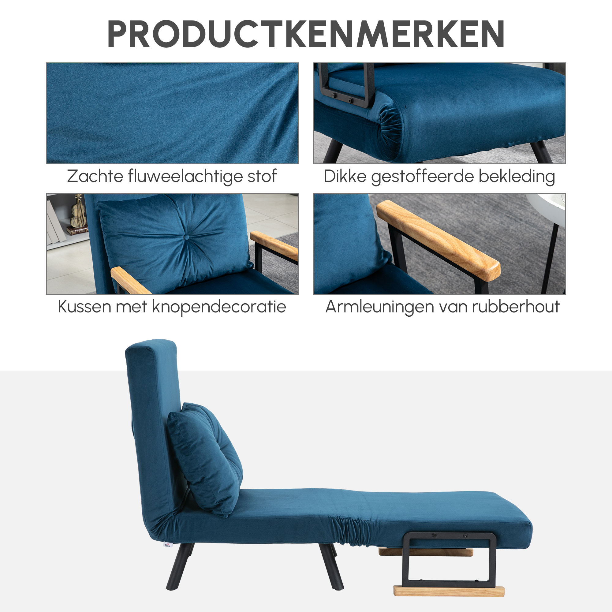 Relaxstoel Ligstoel Fluweel, Ligfunctie, Fluweel, 63 cm x 73 cm x 81 cm, Blauw