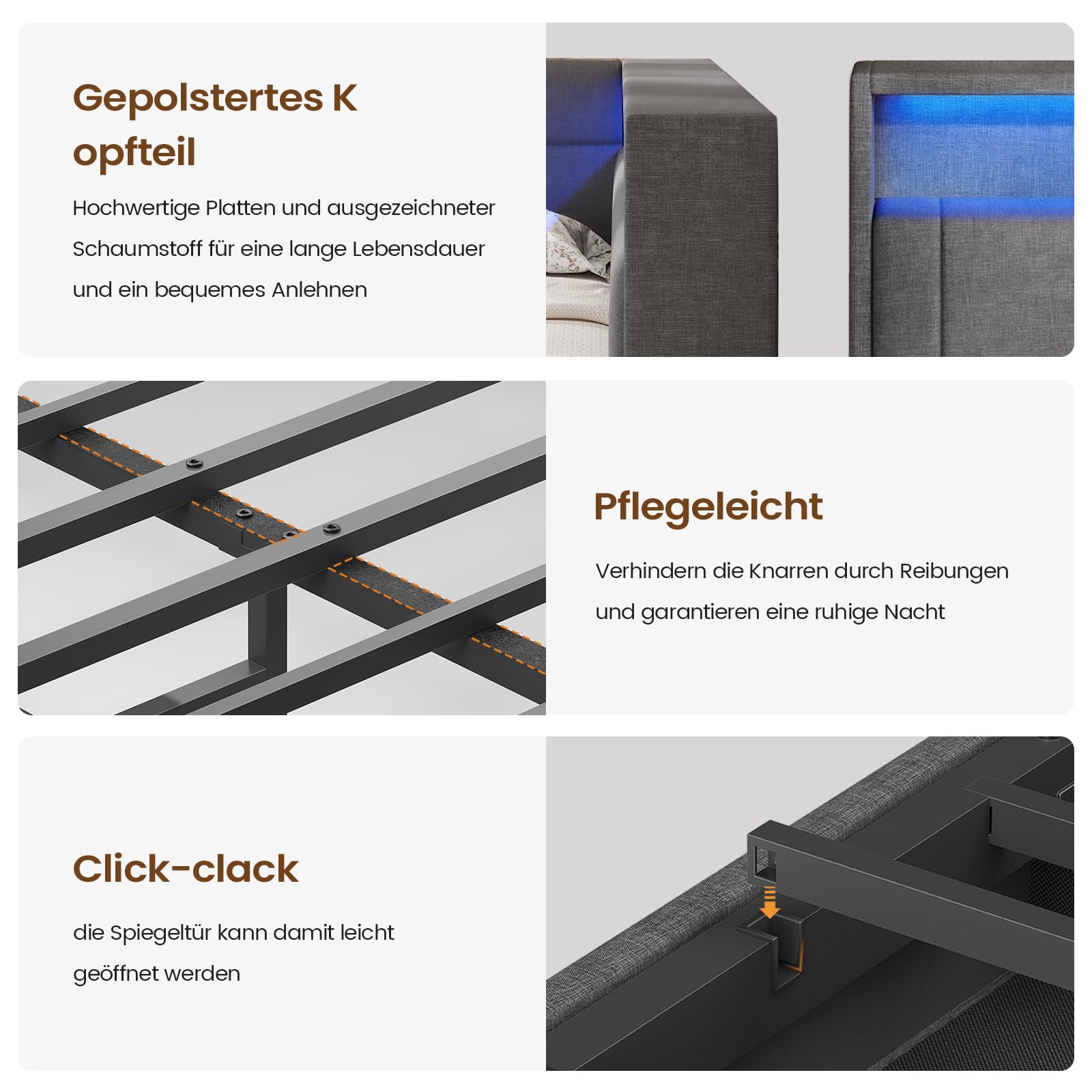 Polsterbett 90x200 cm mit LED-Beleuchtung USB-Ladestationen Stauraum und 4 Schubladen Dunkelgrau
