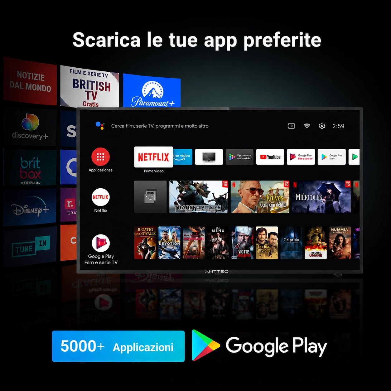 Antteq AG32H3 32 Pollici TV Smart (80cm) Android TV LED con Voice Assistance Chromecast Bluetooth APP Store DAZN/Netflix/Prime Video/YouTube Wifi Triple Tuner (DVB-C/S2/-T2)