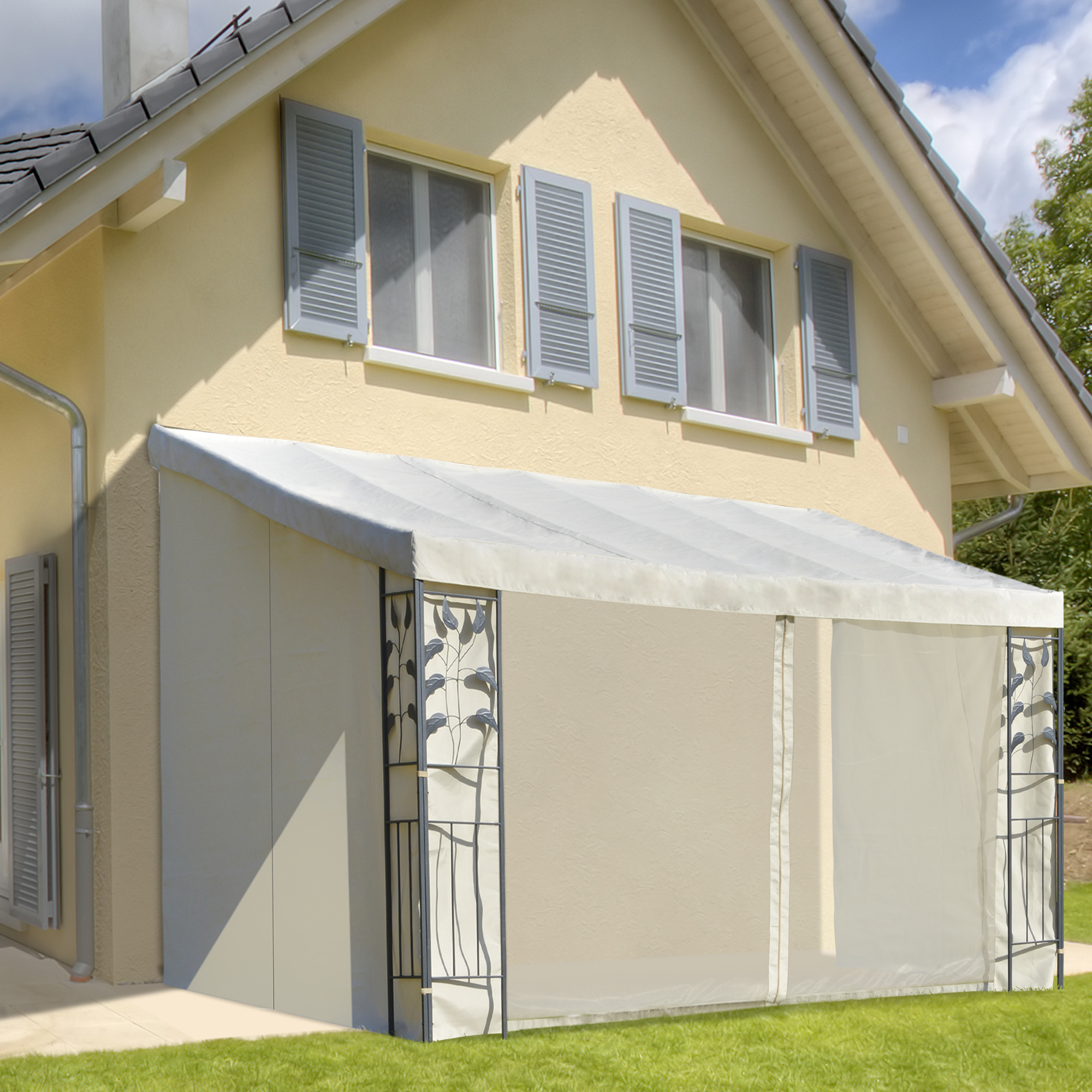 Outsunny Pergola anbaubar dim. 4L x 3B x 2,7H m Gartenpavillon Polyester hochdicht Moustiquaires Creme Metallstruktur Grau Epoxid