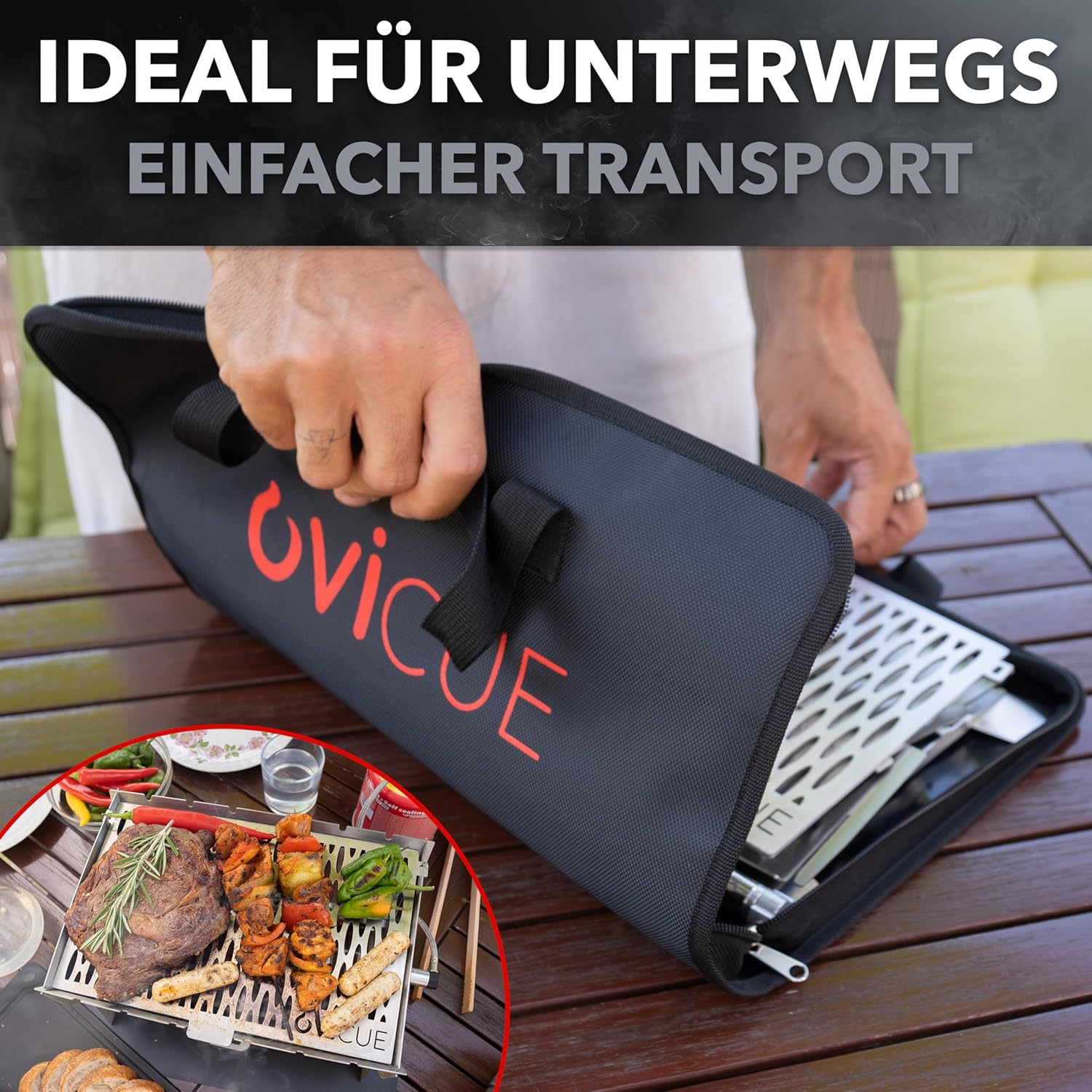 Grill | Mobiler Steck-Gasgrill – Tragbarer Edelstahlgrill mit Stecksystem – Gas- & Holzkohlebetrieb – Inkl. Tragetasche – Perfekt für Camping, Balkon, Garten & Outdoor - Camping Grill