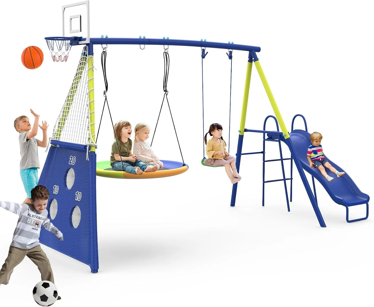 5-in-1 Kinderschaukelanlage Garten, Schaukelset mit Nestschaukel, Stabiler Metallrahmen Outdoor Spielgerät für Kinder ab 3 Jahren, Standardschaukel
