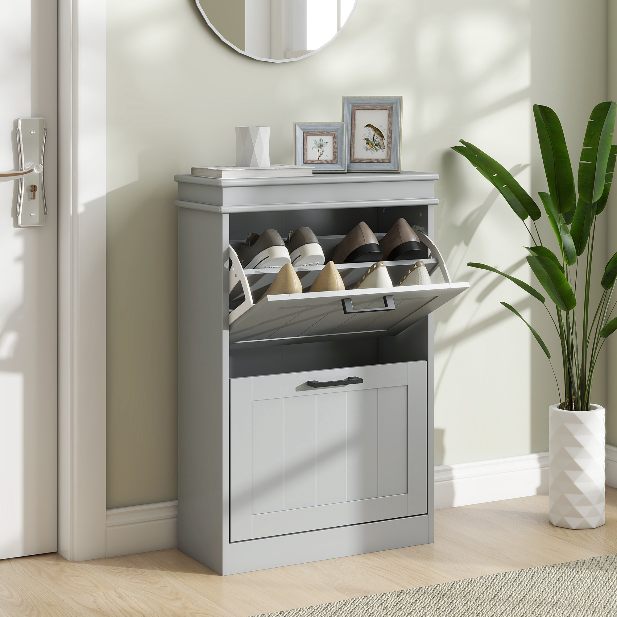 HOMCOM Schuhschrank, 2 Klapptüren, verstellbare Regale, für Eingang, Flur, 54 x 24 x 82,5 cm, Grau