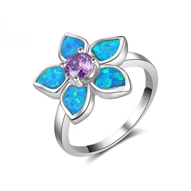 Purple and Blue Fire Opal Flower Ring for Women
