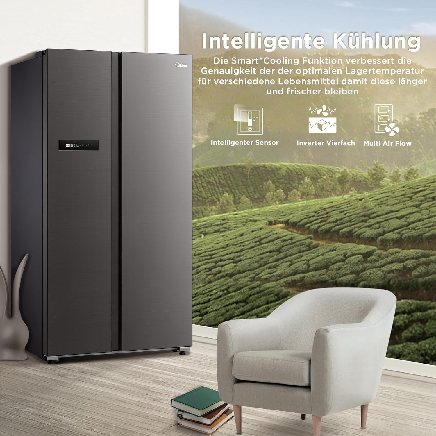 Midea KS-DDX 6.32 WT Side-by-Side Kühl-/Gefrierkombination/ 178,8 cm Hhe/ 254 kWh/Jahr/No Frost/Dual Inverter Compressor/mit 3in1 Wasser-/Eisspender und Wassertank, Dark Inox