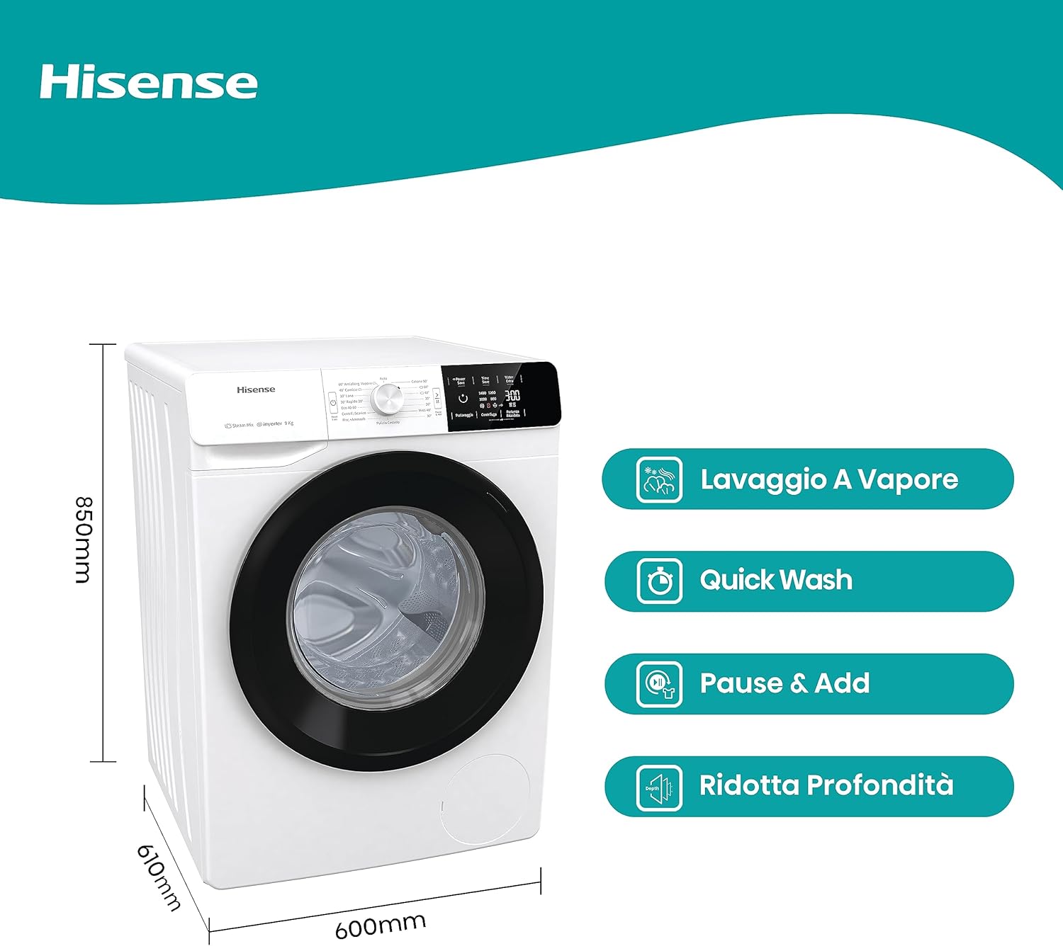 Hisense WFVB7012EM Front Load Washing Machine 7 kg 1200 rpm 15 Programs Steam LED Display Rapid Program Delay Start Child Lock