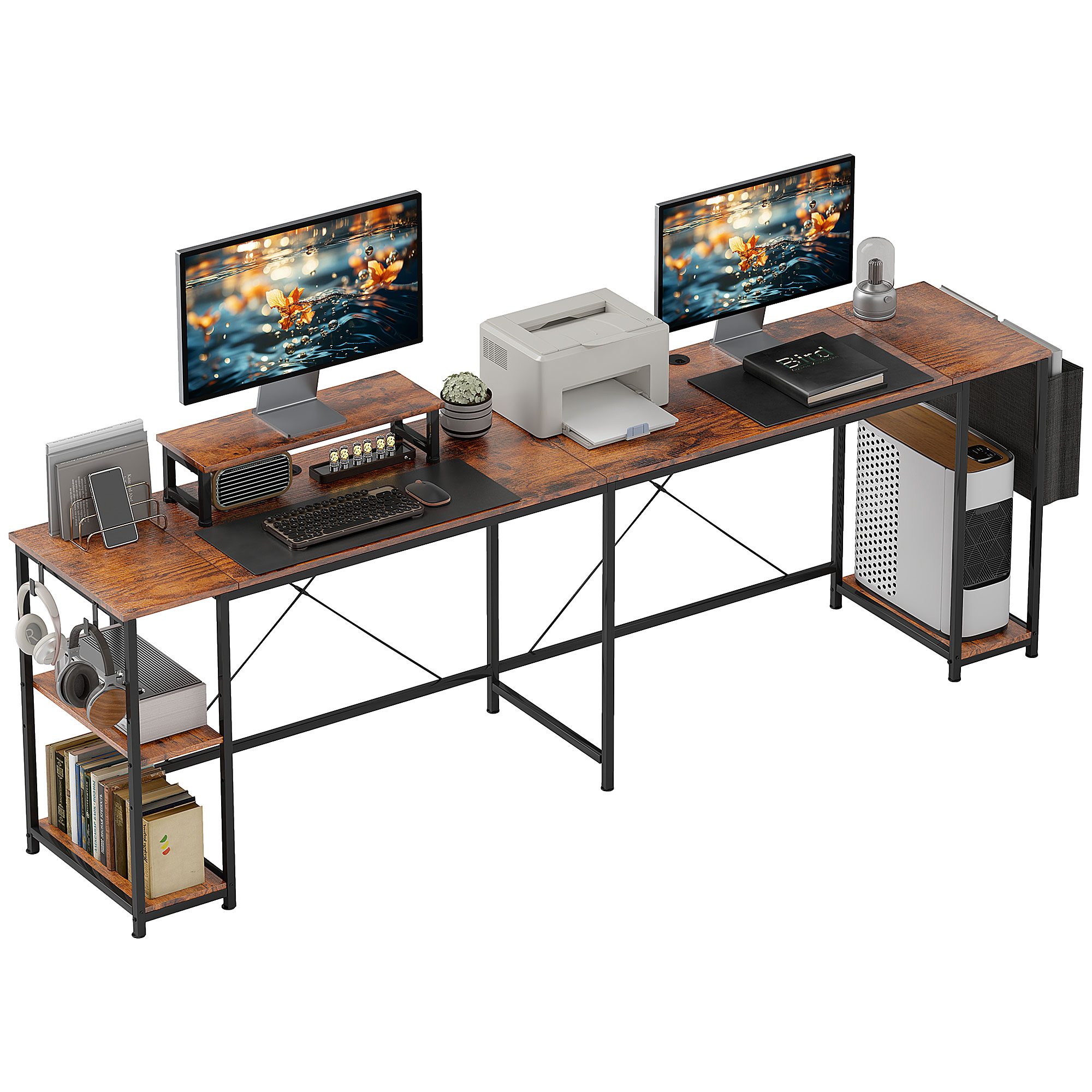 HOMCOM L-förmiger Schreibtisch, Vielseitiger Bürotisch mit einstellbaren Regalen und Aufbewahrungstasche, Monitorständer, Braun