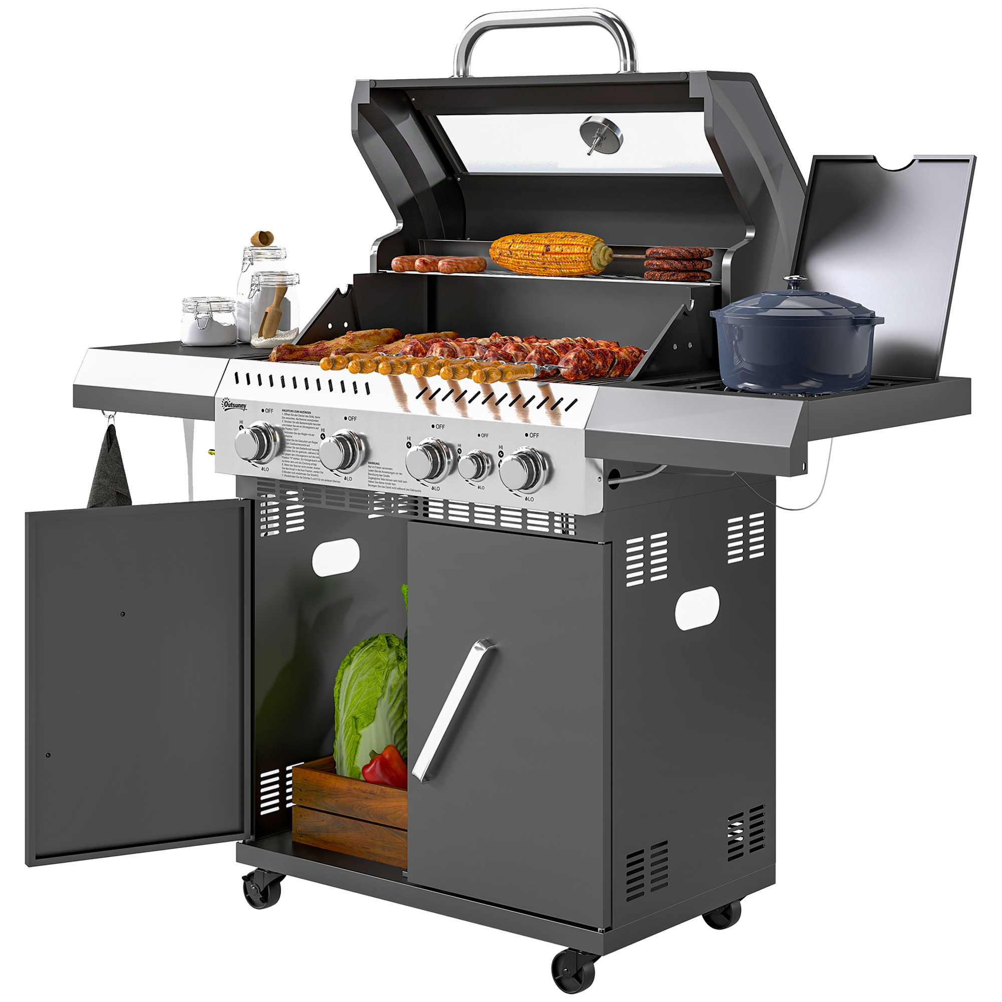 Outsunny Gasgrill 12 KW Grillwagen inkl 5 Brenner Seitenkocher Rolle Deckel Thermometer Seitenablagen 135 x 54 x 110 cm
