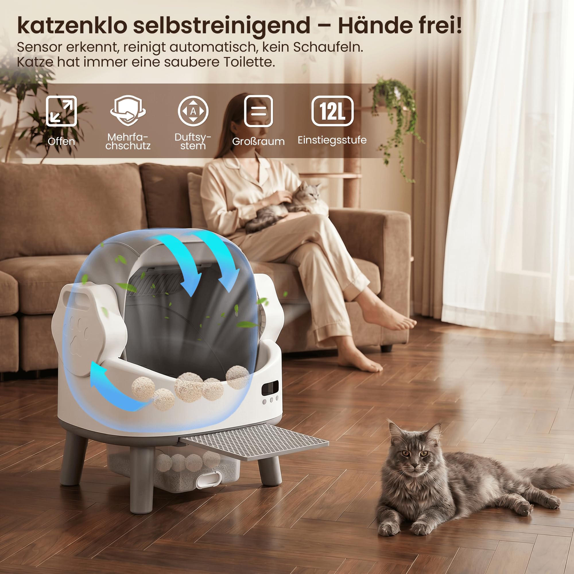 Selbstreinigende Katzentoilette XXL für Katzen bis 10 kg automatisch Sicherheitssensoren Geruchskontrolle großer Abfallbehälter Katzenstreumatte