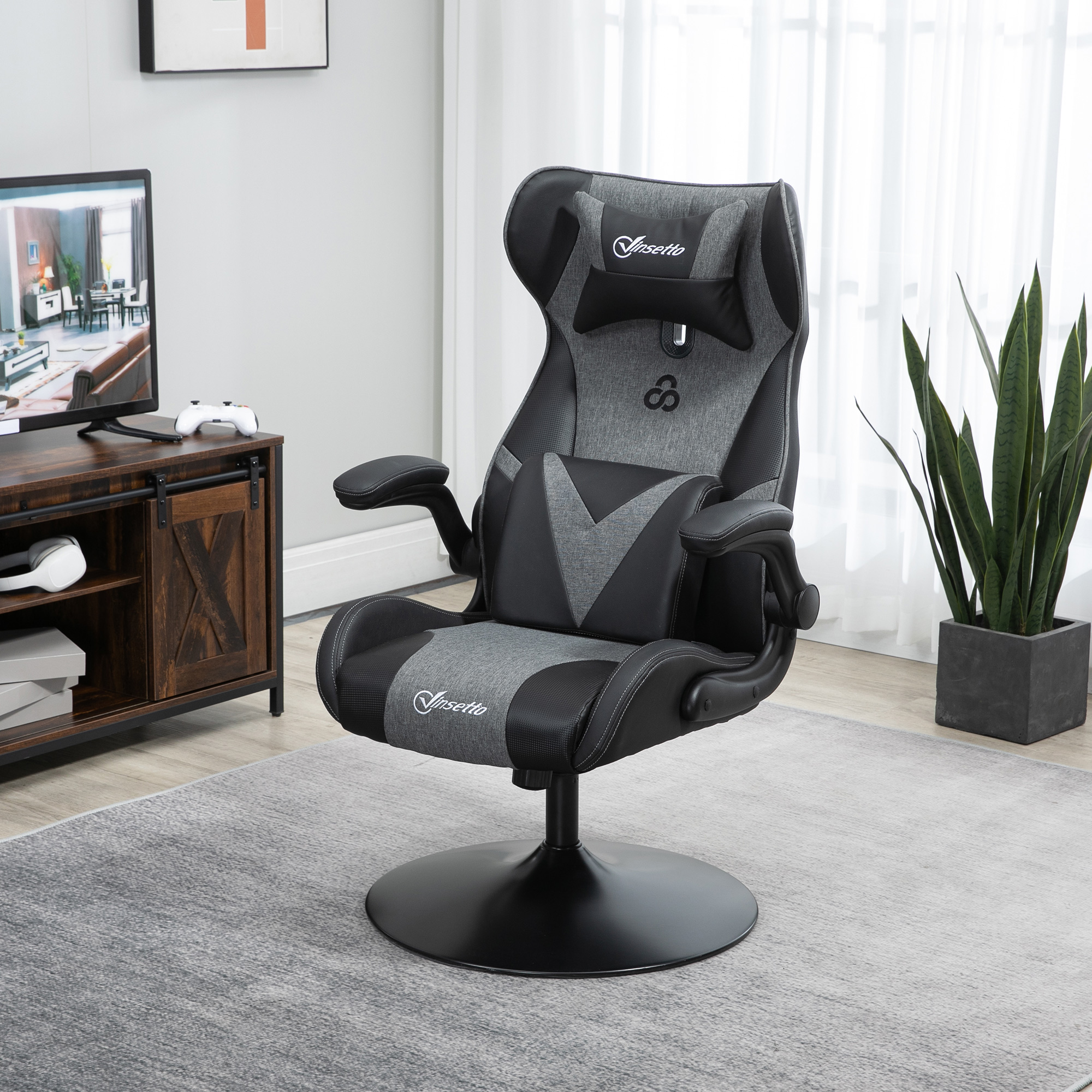 Vinsetto Ergonomischer Gaming-Stuhl mit höhenverstellbarer runder Basis, klappbaren Armlehnen, Nackenkissen und Lendenkissen aus PU in Grau und Schwarz