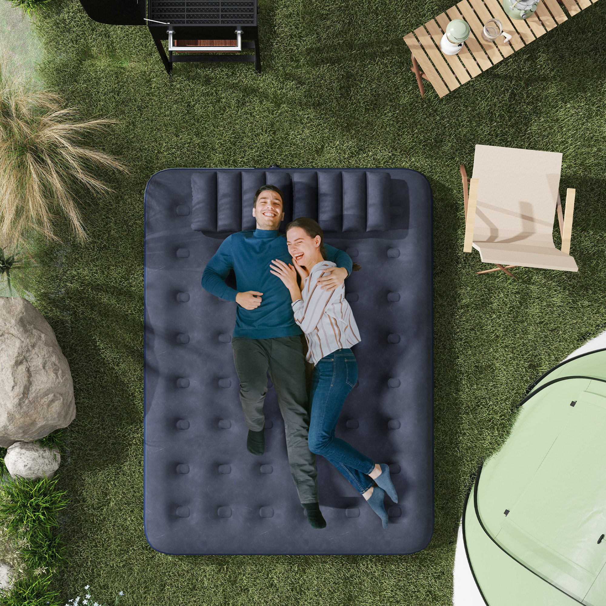Outsunny Luftmatratze für 2 Personen, mit Handpumpe, weich & robust, 203x152x22cm, Blau