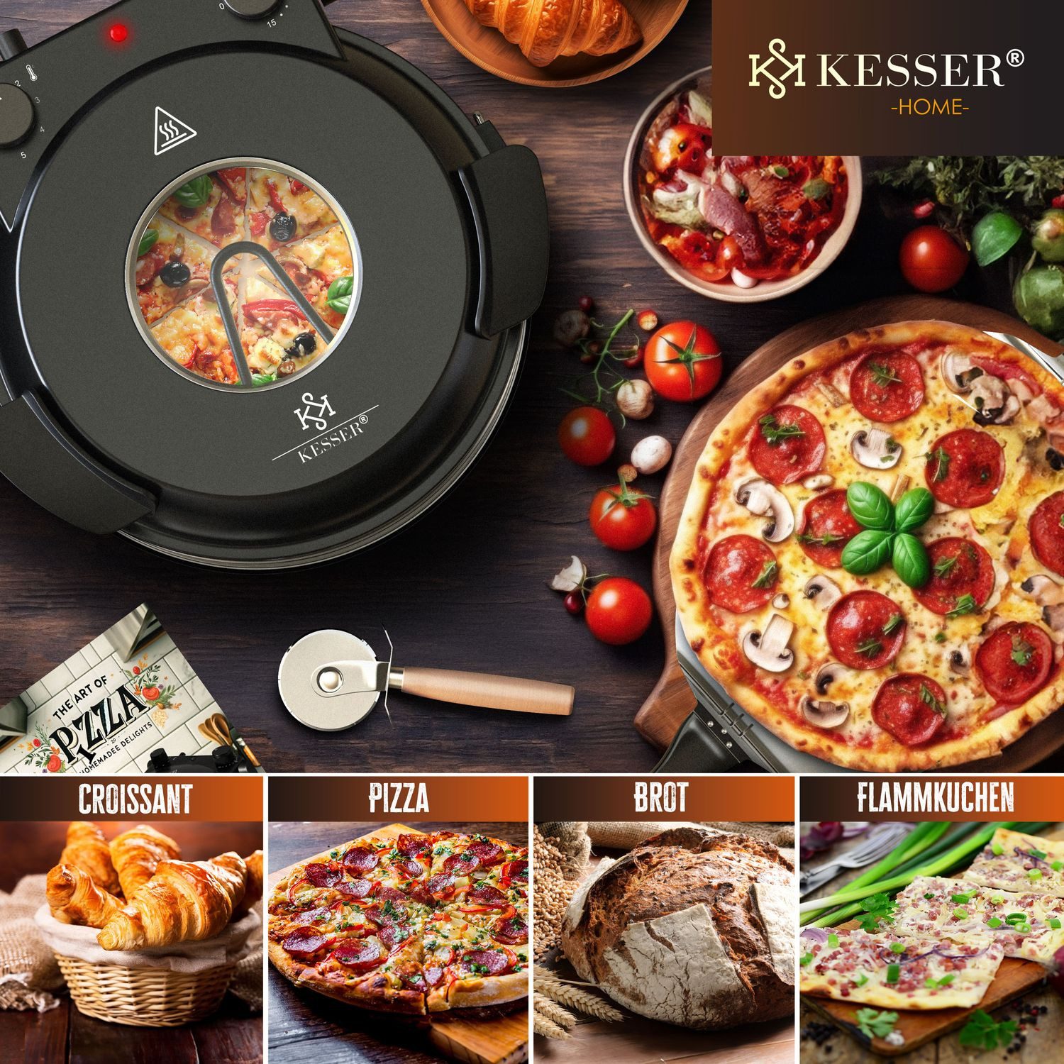 Pizzaofen 400°C mit feuerfestem Pizzastein ⌀32cm & 5 Heizstufen Steinofen Pizza