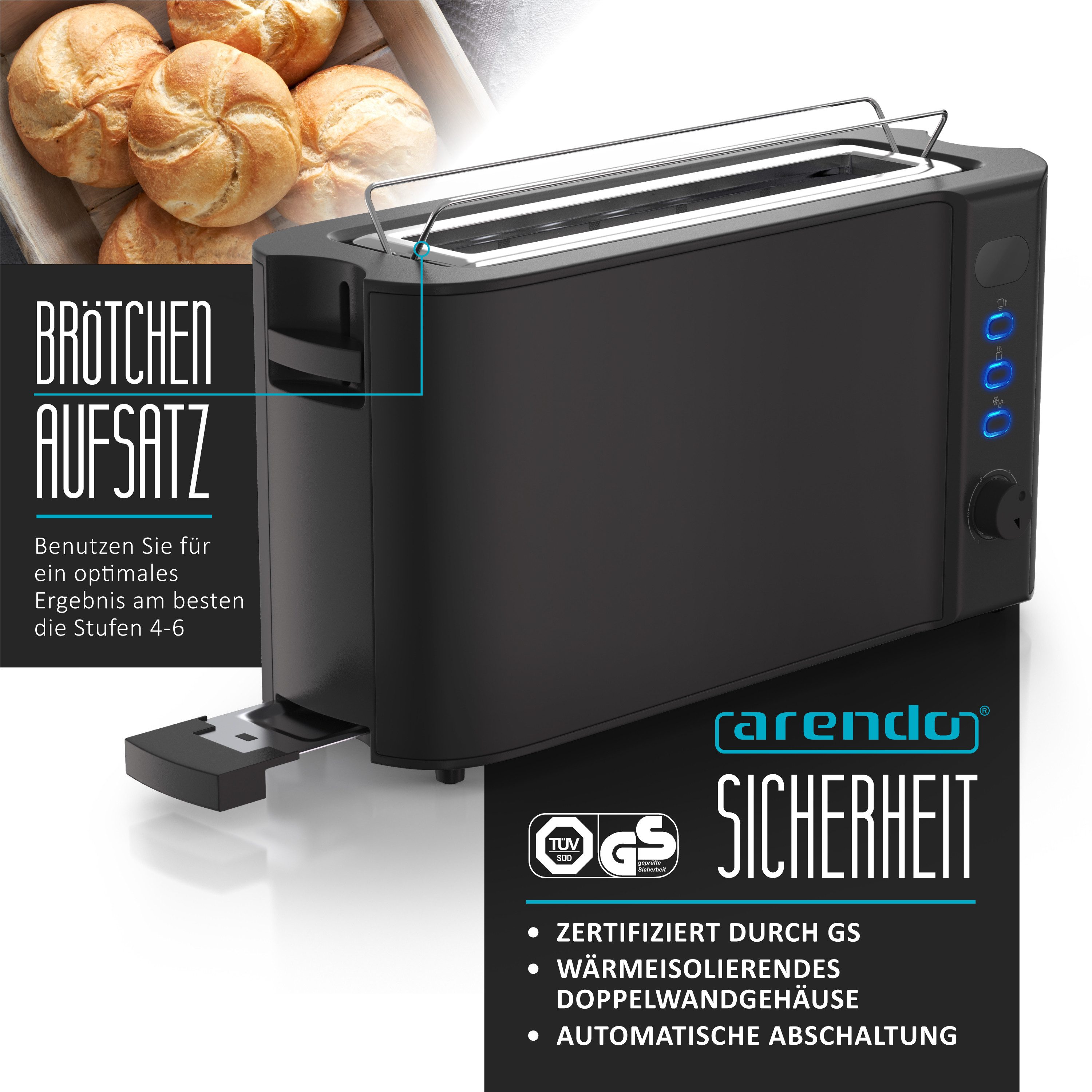 Toaster Edelstahl, Langschlitz, Brötchenaufsatz, Display mit Restzeitanzeige