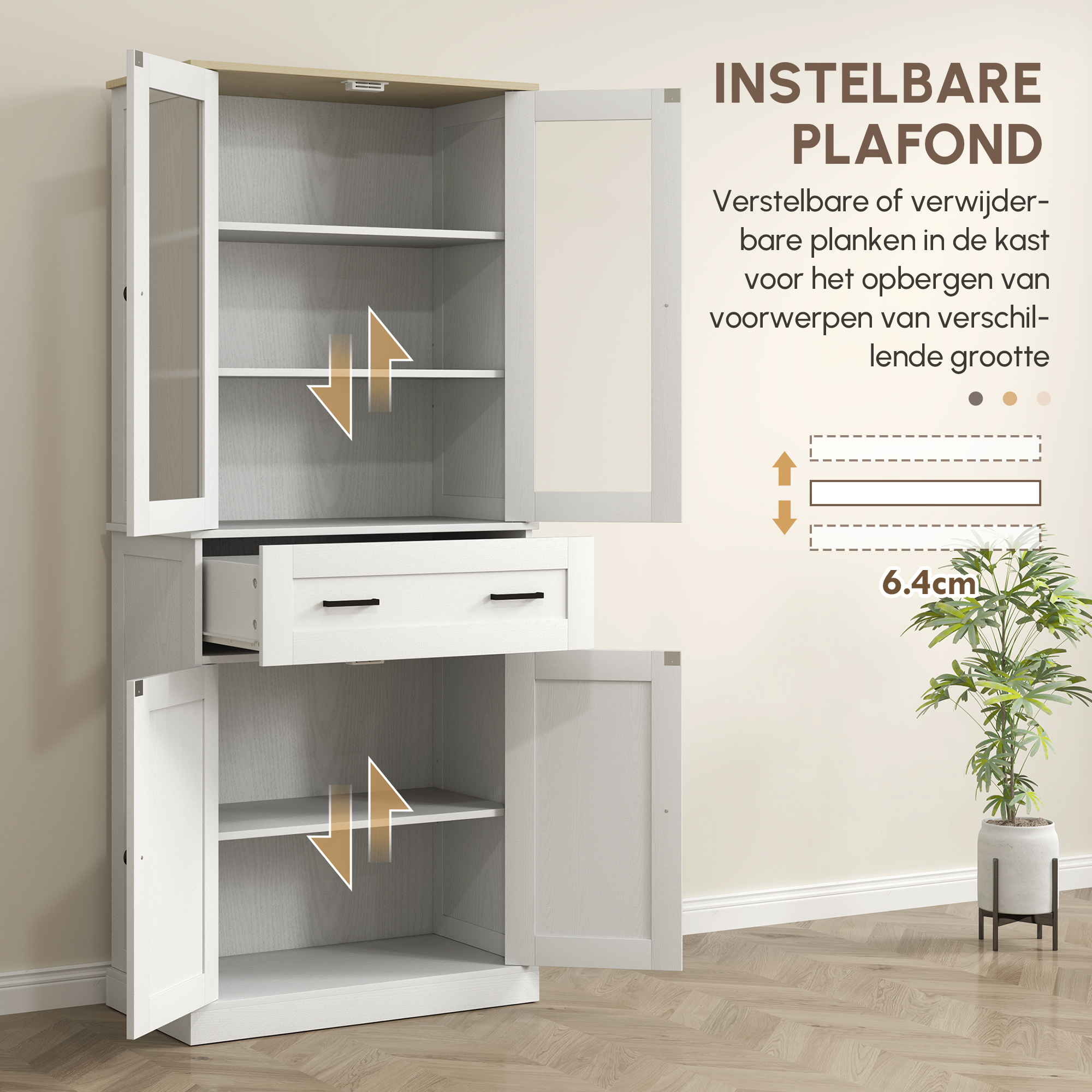 Keukenkast, Buffet, Acrylfront, Lades, 76 x 40 x 182,5 cm, Cr��mewit
