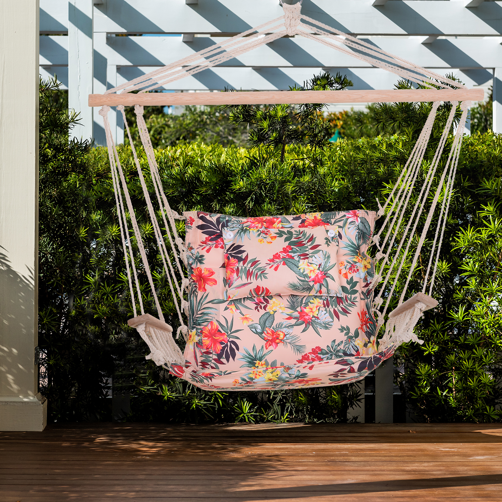 Outsunny Hängesessel mit Querstrebe und Kissen,Hängestuhl, hängesitz, hängeschaukel, Leicht zu tragen, einfach verpackung und Aufbewahrung, bis 100 kg belastbar, mehrfarbig 100 x 106 cm