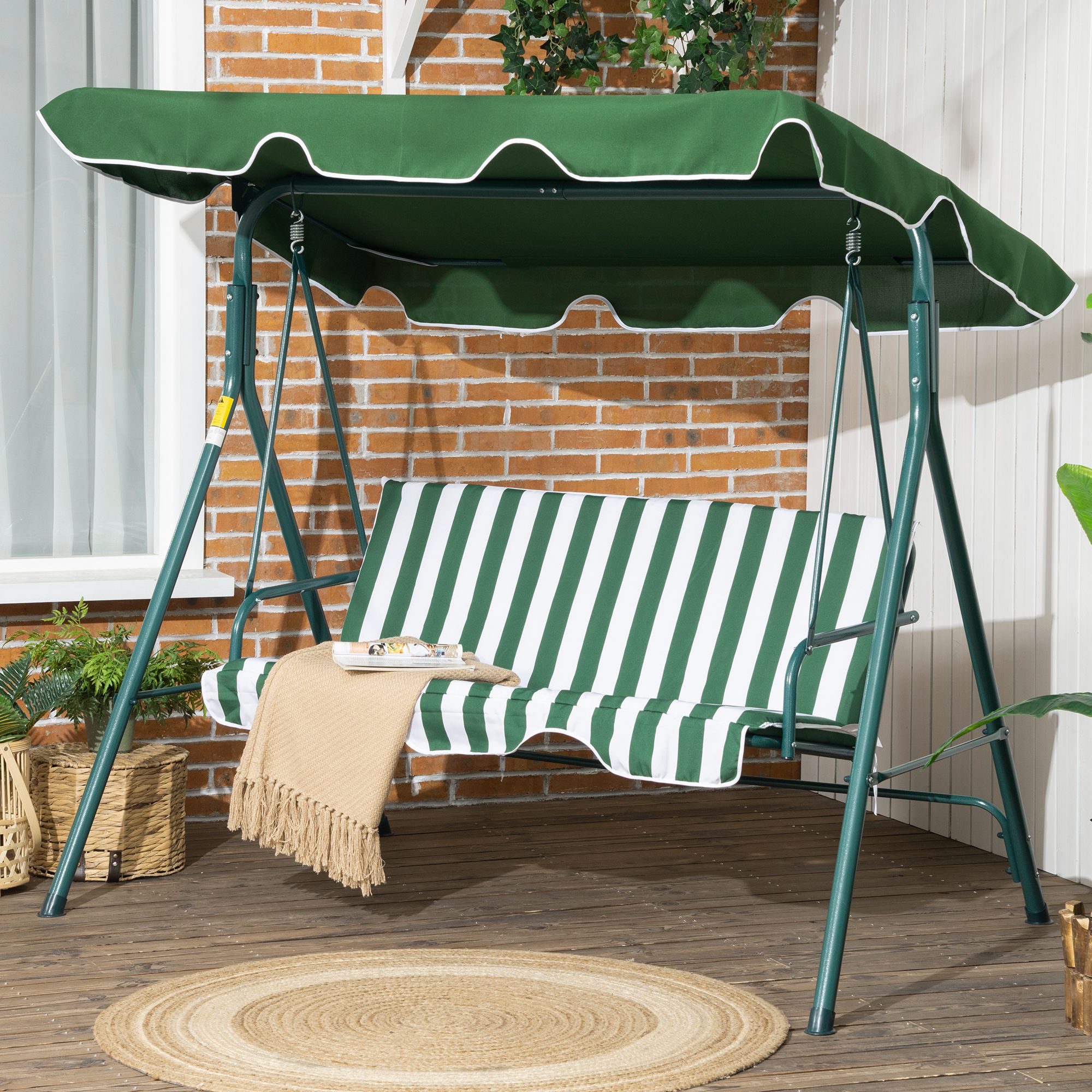Outsunny Gartenwippe - 3-Sitzer Balancín mit verstellbarem Dach und Stahlrahmen 172x110x153 cm Grün und Weiß Gestreift