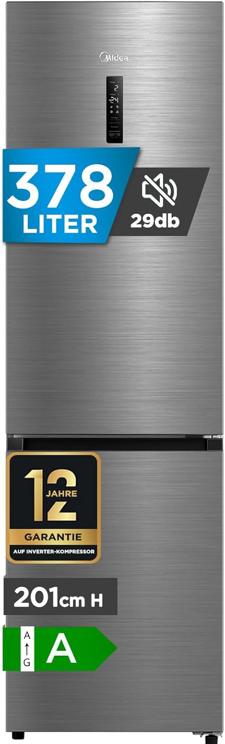 Midea MDRB521MGA46O Kühl-/Gefrierkombination/NoFrost/Besonders leise 29dB/Inverter Kompressor/Niedrigtemperaturzone/180° Verstellbare Gefrierfach-Schublade/201 cm hoch/256 L Kühlteil/122 L Gefrierteil