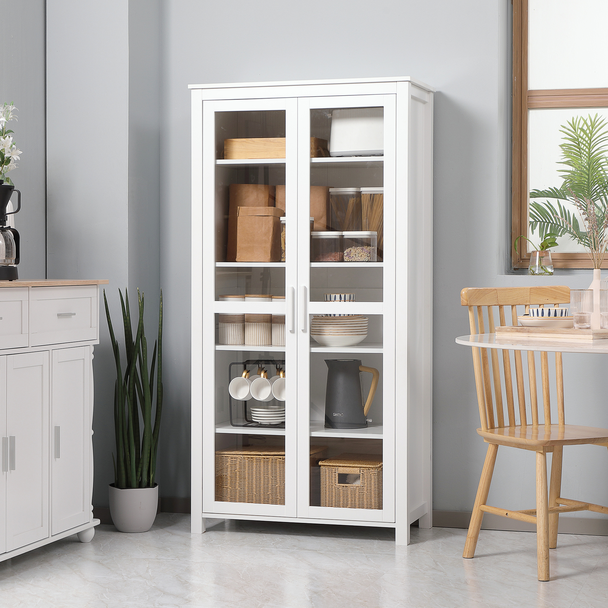 HOMCOM Küchenschrank, 4 Regale, 2 Glastüren, 80 cm x 39,5 cm x 160 cm Weiß