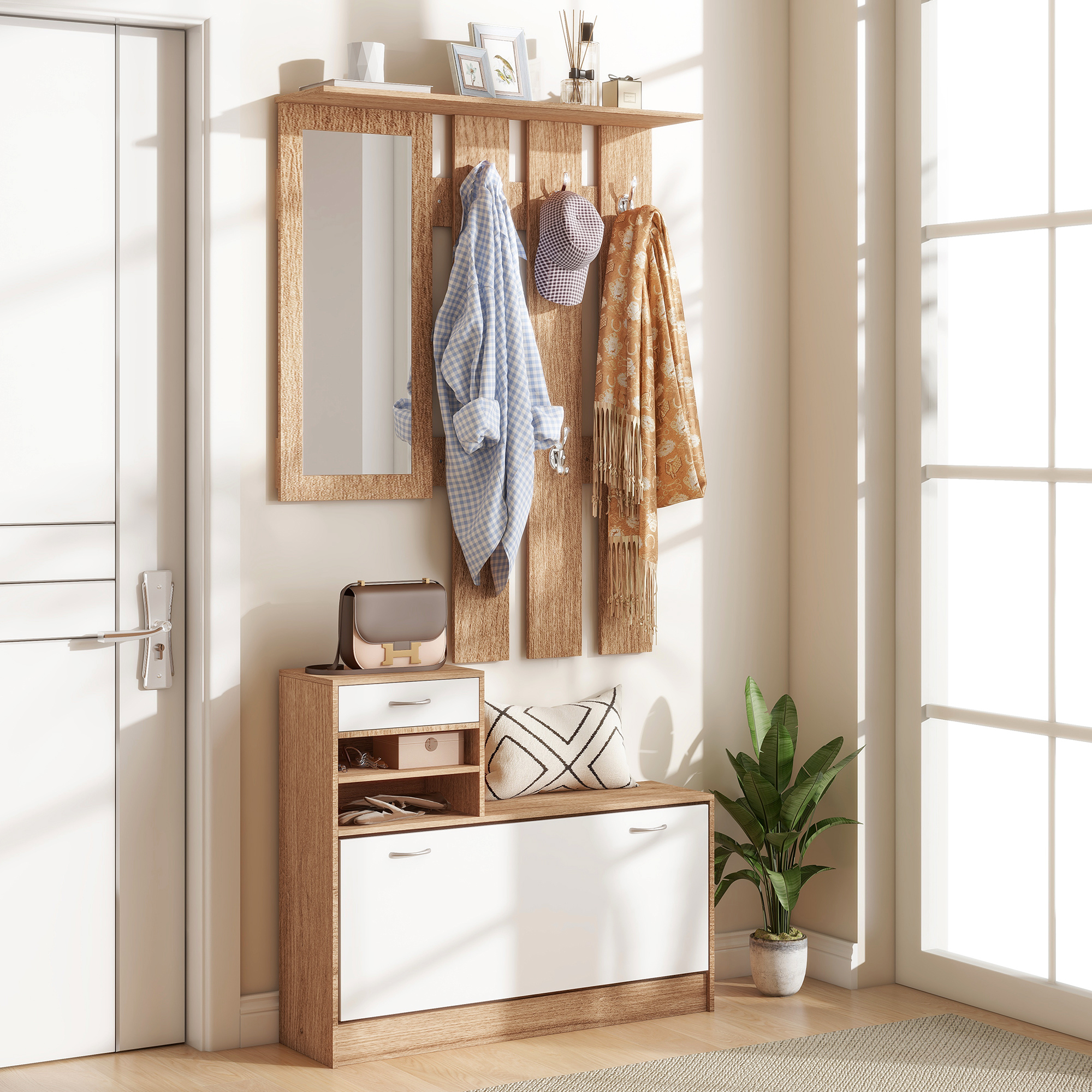 HOMCOM Eingangsmöbelset Garderobe mit Garderobenpaneel, Spiegel und Schuhschrank - 6 Haken und verstellbares Regal