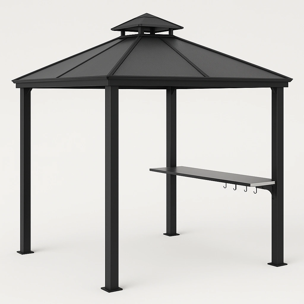 Sort metal havegrillskur med riste og kroge, 2,5 x 2,5 x 2,8 m