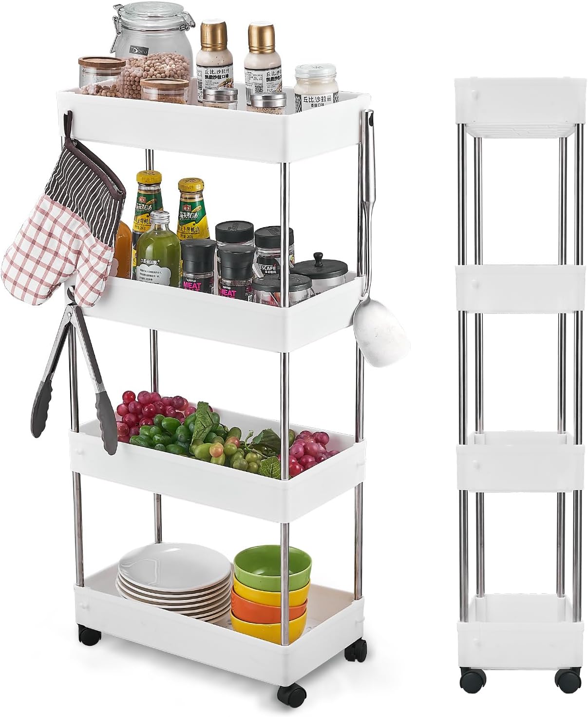 Wopeite Carrello Portaoggetti a 4 Livelli, Carrellino Cucina Salvaspazio a 4 Ruote, Scaffale alto e Stretto per Cucina Bagno Ufficio Biblioteca Salone, 40 x 22 x 86 cm
