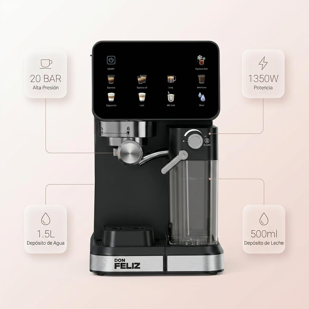 Don Feliz Macchina da caffè espresso semiautomatica, 20 bar, 1350 W, con display LCD, serbatoio del latte da 500 ml, serbatoio dell'acqua da 1,5 l, compatibile con Nespresso, Cappuccino, Americano