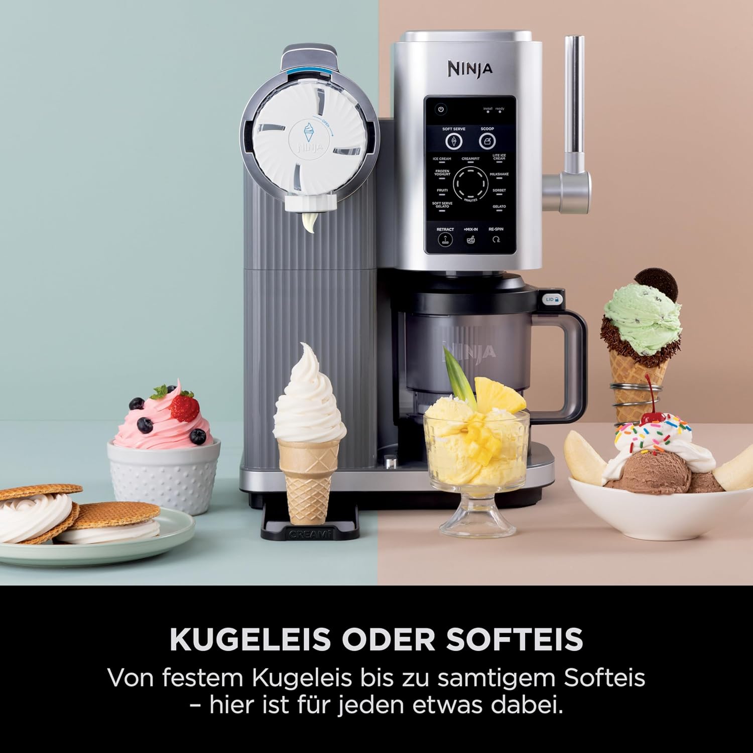 Ninja CREAMi Scoop & Swirl Eismaschine mit 2 Behältern, 13 Funktionen, für Eiscreme, Softeis, Gelato, Sorbet, Milchshakes und mehr, mit Mix-In-Funktion, Platinsilber, NC701EU