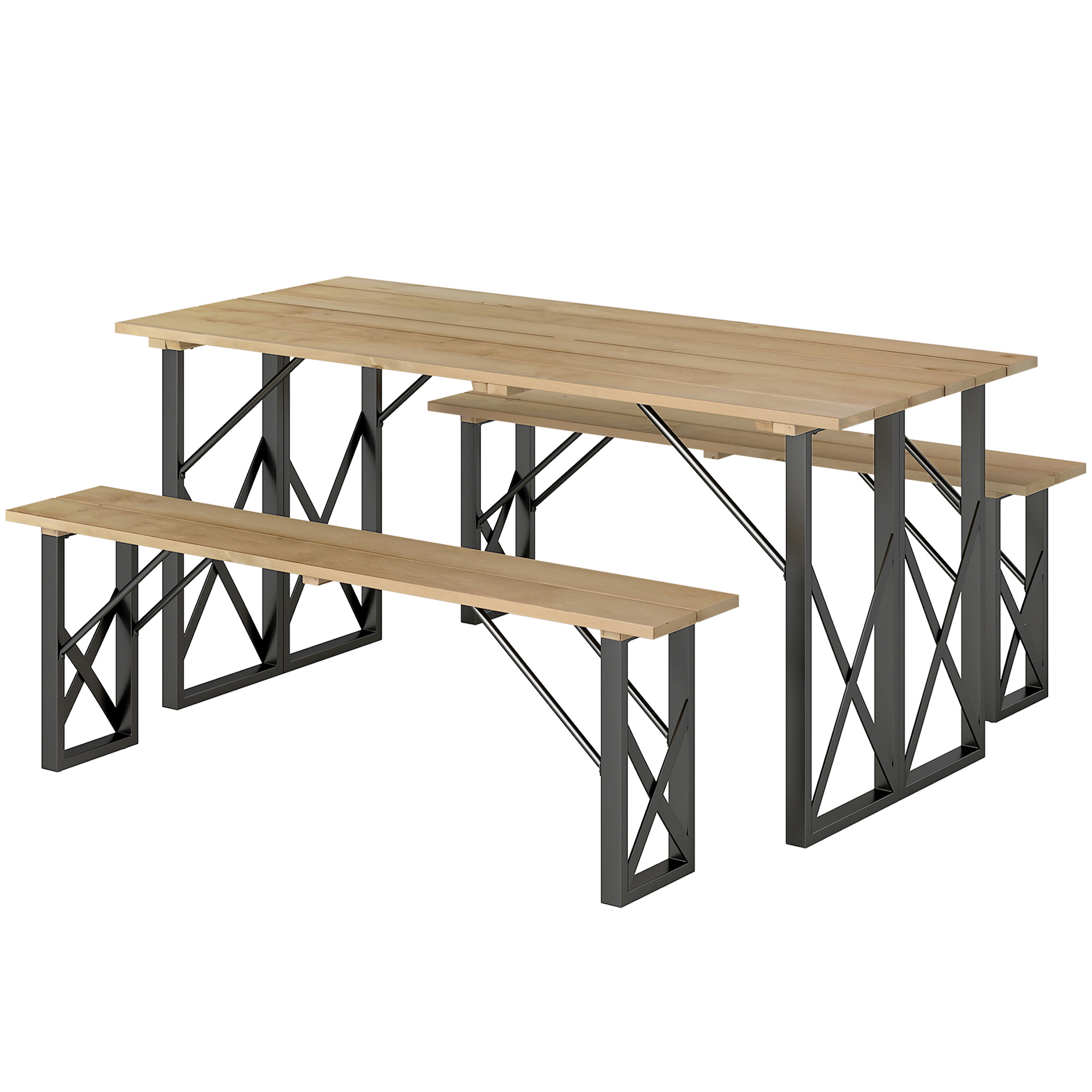 Outsunny Holztisch und Bänke Set Holzpicknicktisch mit Bänken für 6 bis 8, 160 cm Sonnenschirmloch von 5 cm braun