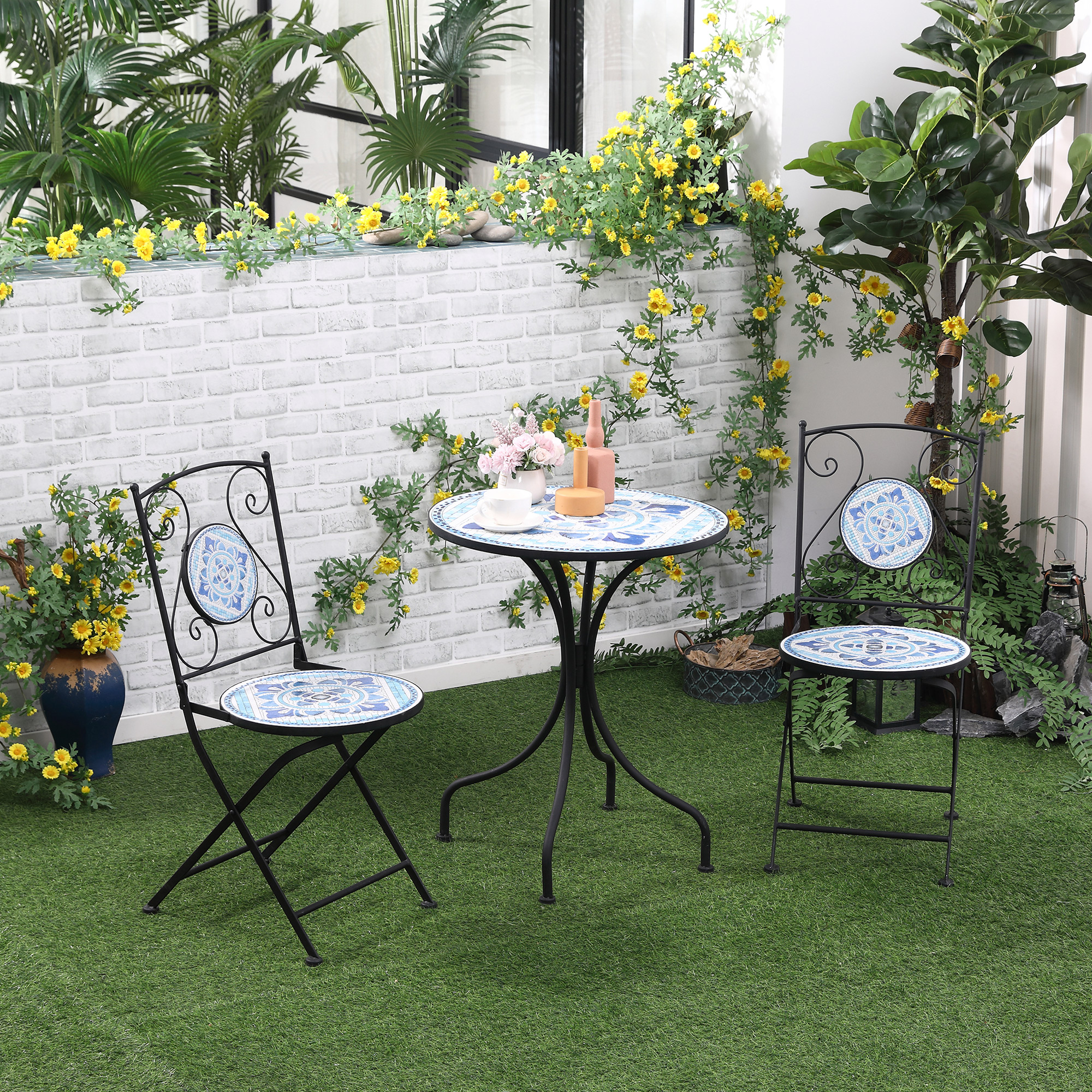 Outsunny Ø 61 cm Garten Sitzgruppe für 2 Personen Bistro-Set Garnitur 1 Tisch+2 faltbare Stühle Stahl Blau