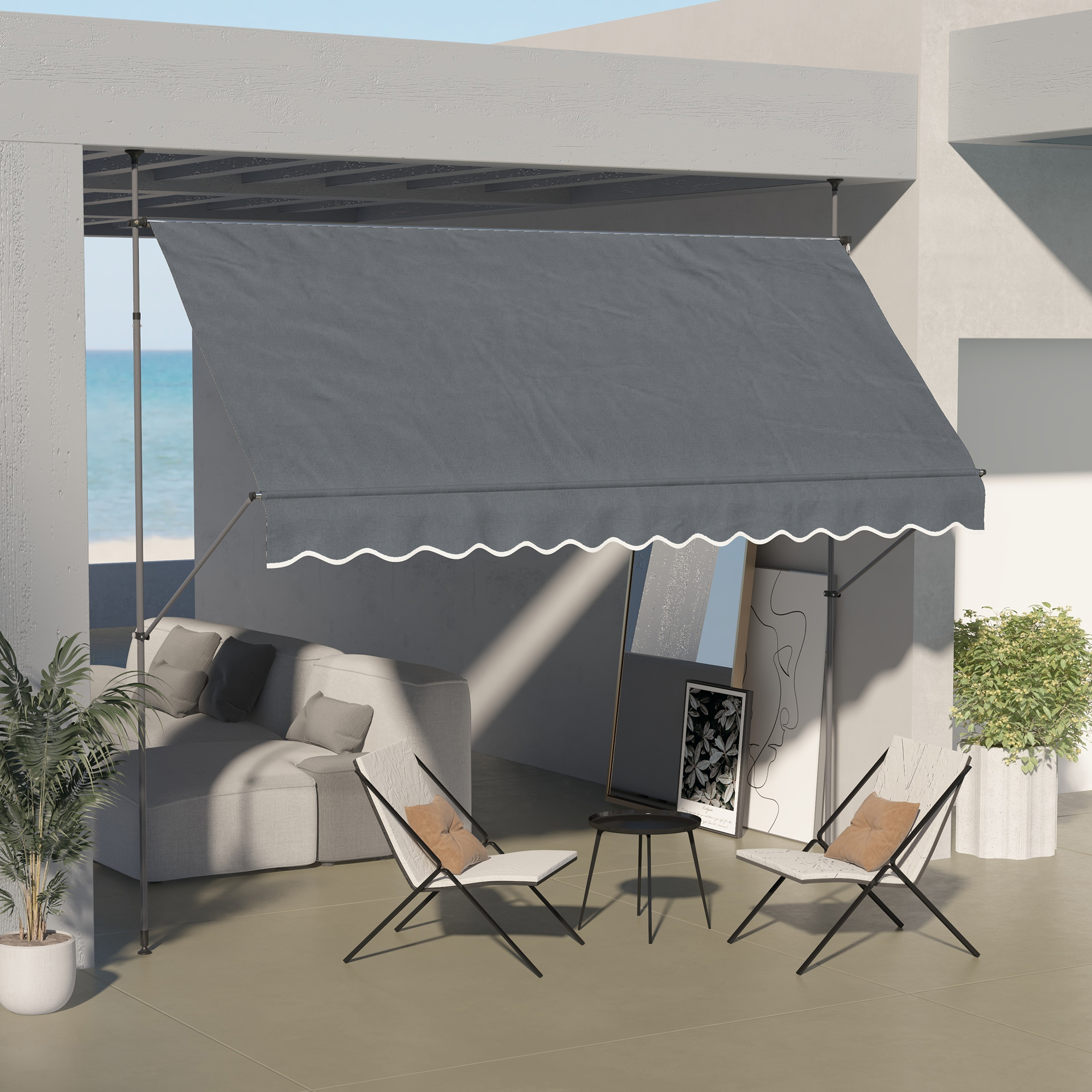 Outsunny Freistehende manuelle einziehbare Markise 3,5L x 1,2B x 2,1-3H m, einstellbare Neigung, Metall-Aluminium-Polyester, Dunkelgrau