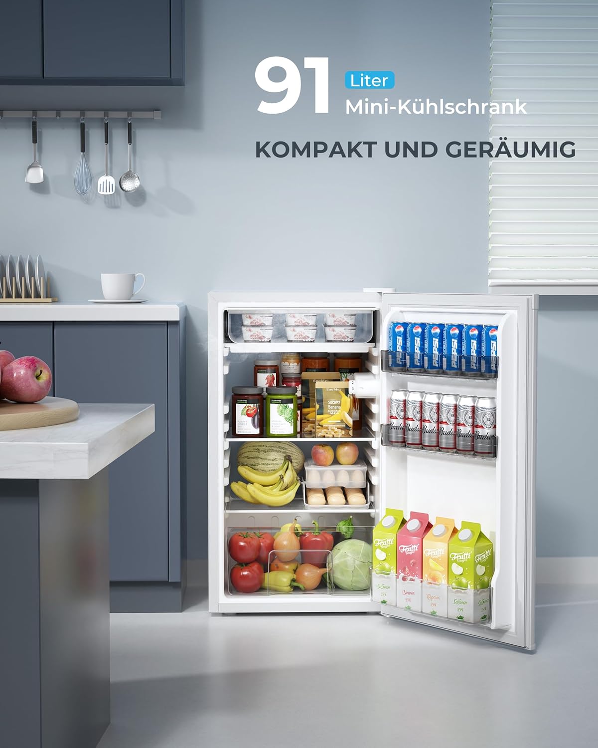 EUHOMY 91L Kühlschrank mit Gefrierfach klein& Gemüsefach (82L+9L) | 38dB Ultra-Leiser Mini Kühlschrank für Schlafzimmer/Büro | 7-Stufen Thermostat, Energieeffizien | 44.5x50x79cm Weiß