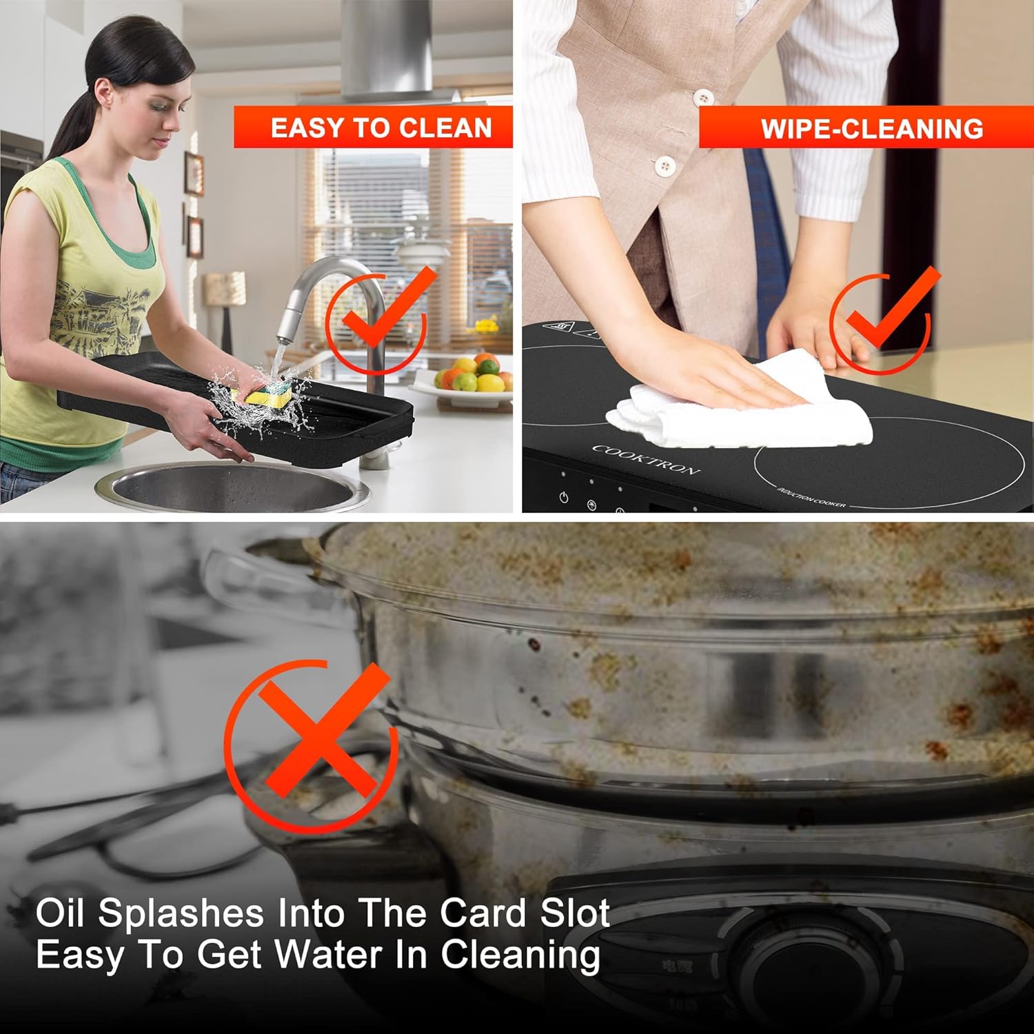 COOKTRON Portable Induktionskochfeld 2 Brenner mit abnehmbarem Eisen Guss Grillpfanne Antihaft, 2800W Doppelinduktionskochfeld mit Kindersicherung Zeit, ideal für Familienfeier