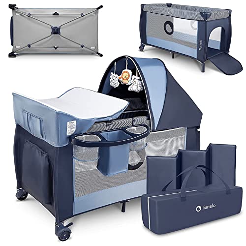 lionelo Sven 2in1 Box bambini dalla nascita fino 15kg Lettino pieghevole con Fasciatoio baldacchino Giocattoli Pendenti Ingresso laterale aggiuntivo Sistema LockGuard : Prima infanzia
