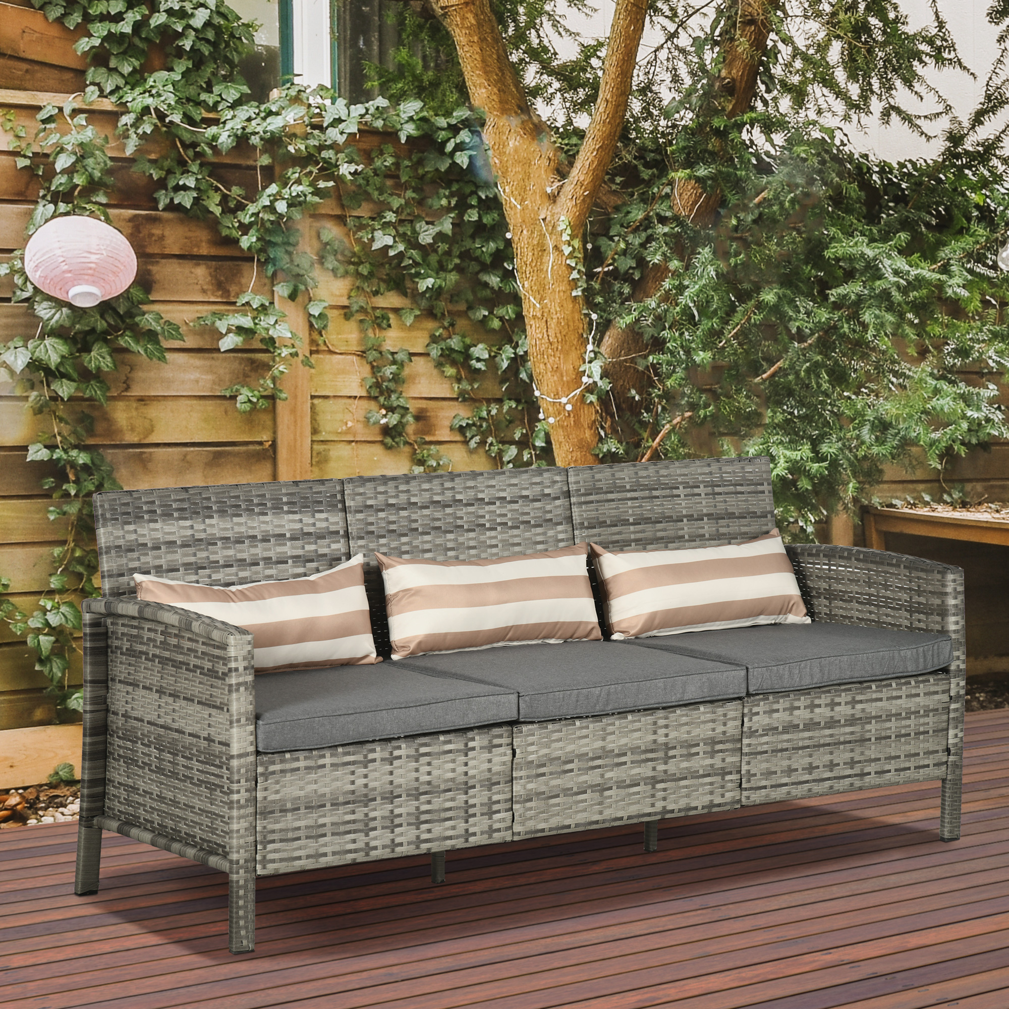 Outsunny Rattan Sofa mit Kissen, Dreisitzer, Garten Loungesofa, Stahl, Grau, 173 x 68 x 78 cm
