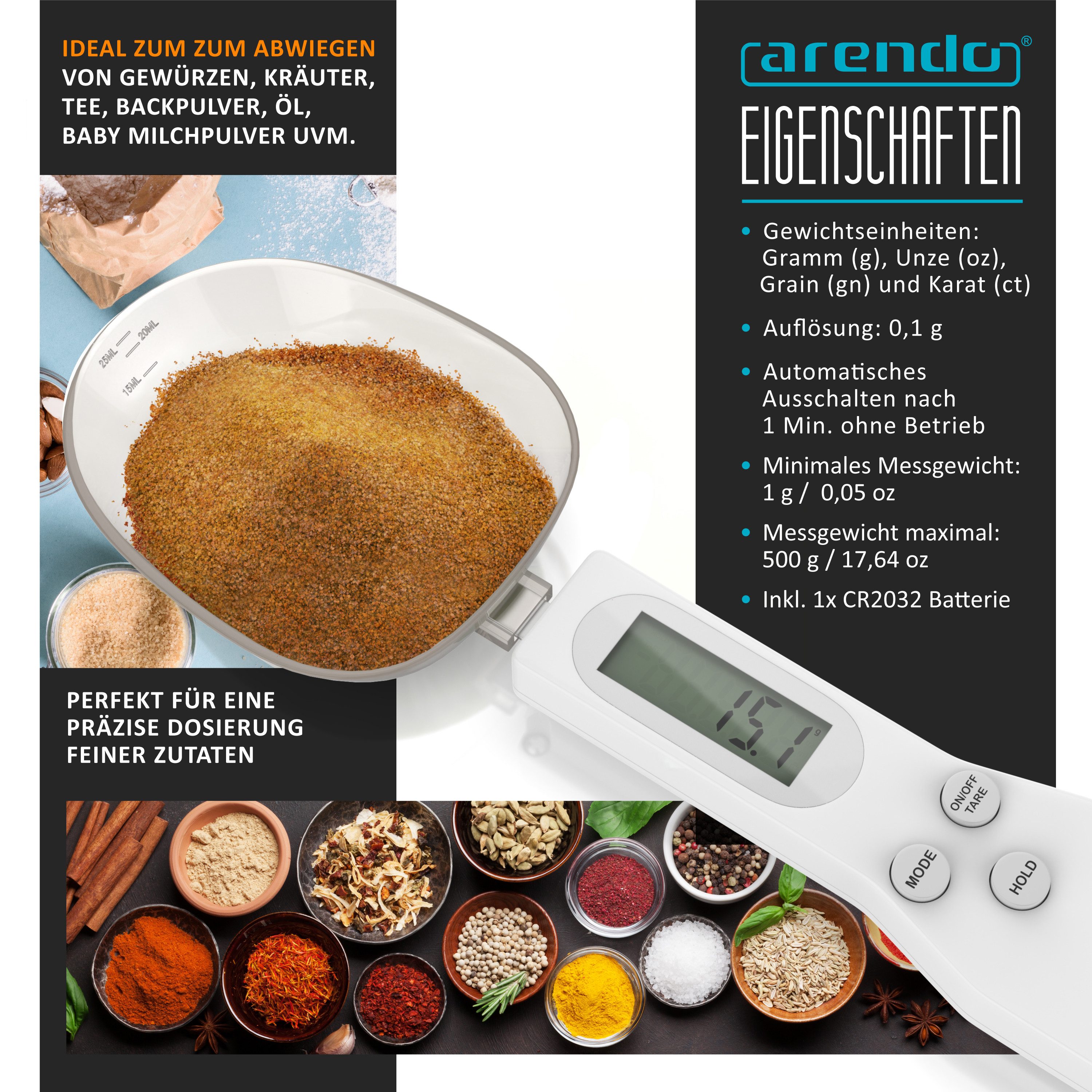 Löffelwaage digital Küchenwaage Feinwaage, LCD-Anzeige, 0,1g Auflösung, max. 500g