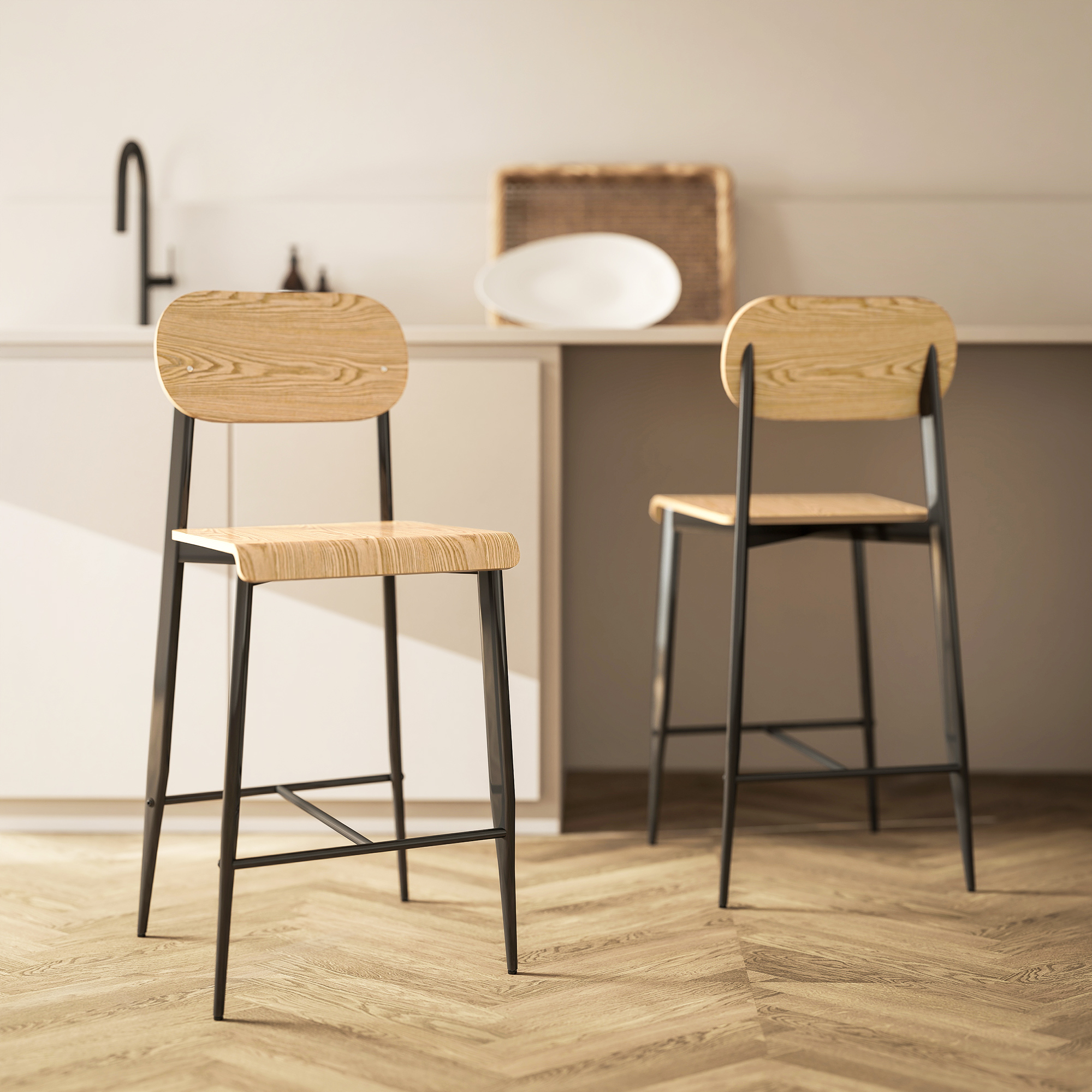 HOMCOM 2er-Set Barhocker, Barstühle mit Rückenlehne und Metallgestell, Holz, Hellbraun