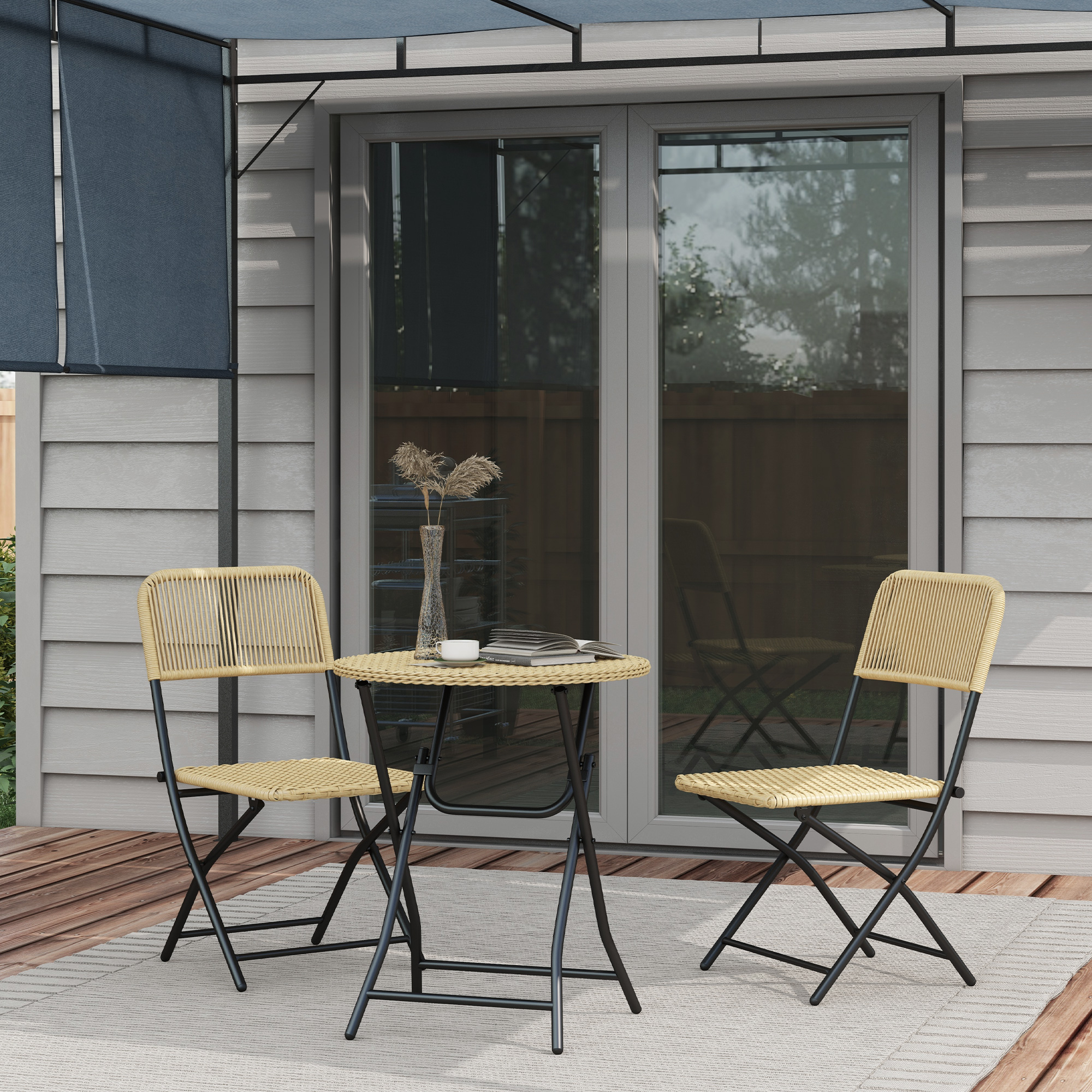 Outsunny Bistro-Set in Rattanoptik, 2 Stühle mit rundem Tisch, klappbar, Stahlrahmen, Gelb