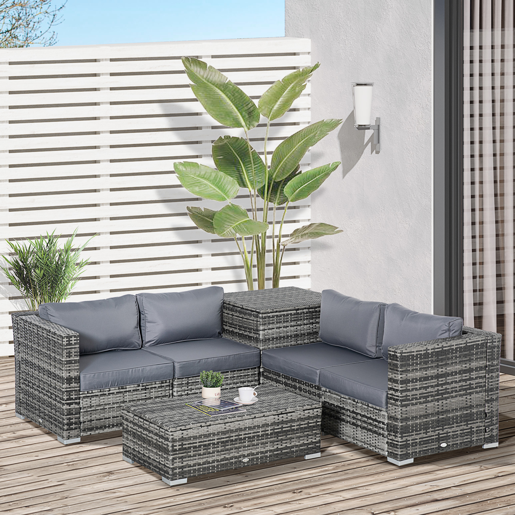 Outsunny Gartenmöbelset aus PE-Rattan, PE-Rattanlounge, 2 Sofas, 2 Tische, 1 Stauraum, Grau