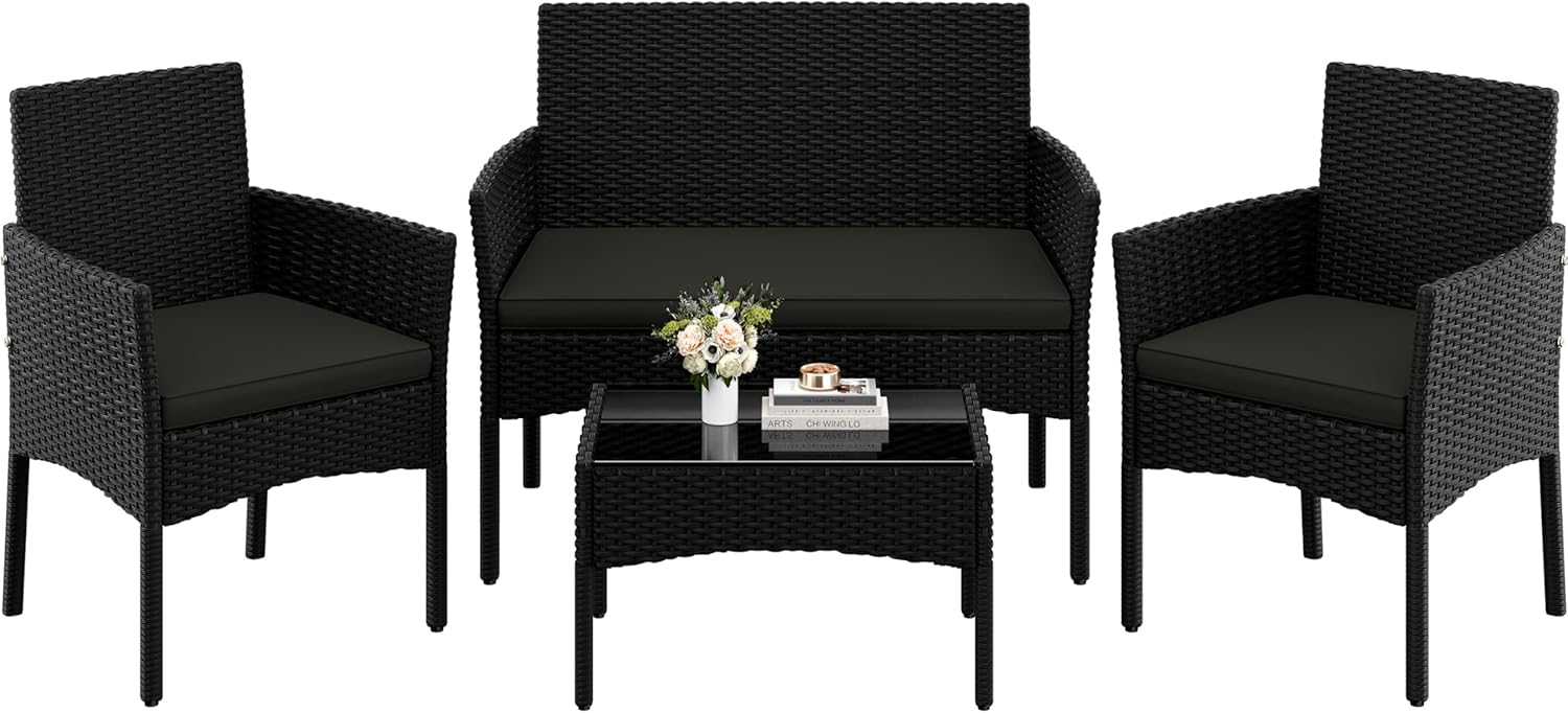 Yaheetech 4-er Gartenmöbel Set Balkonmöbel Set aus Polyrattan Terassenmöbel Außen mit 2er Sofa, 2 Stühle, Tisch & Sitzkissen für Terrasse/Balkon/Garten, Schwarz & Grau