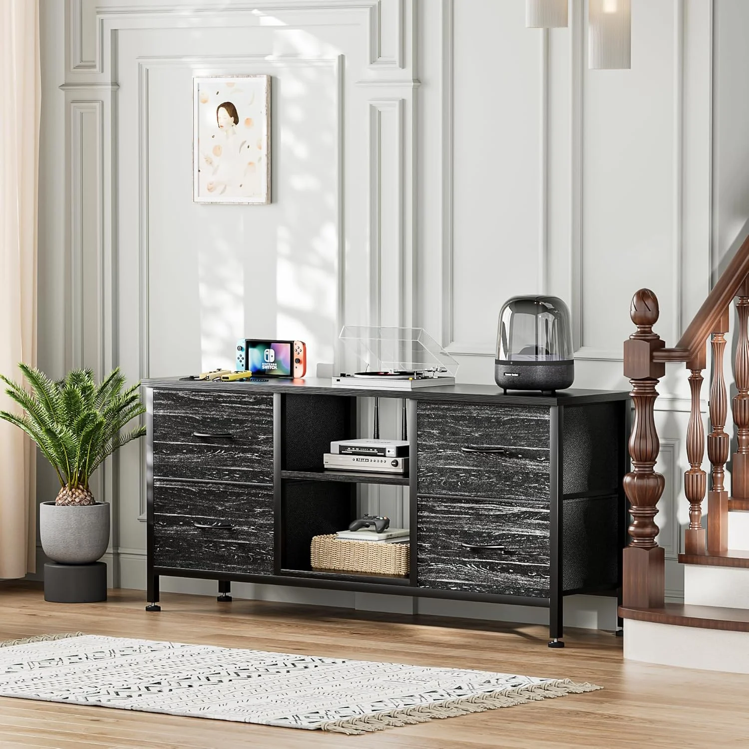 GFNXYI TV Stand for Bedroom, Dresser TV Stand with 4 Fabric Drawers & Open Shelves for 50