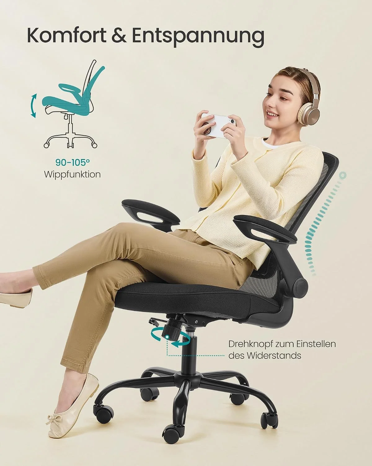 SONGMICS Ergonomischer Bürostuhl mit klappbaren Armlehnen und höhenverstellbarem Sitz