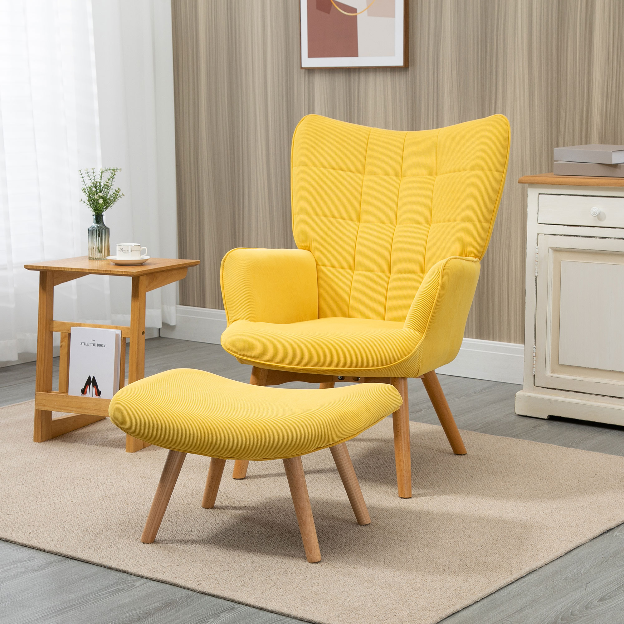 HOMCOM Akzentsessel mit Hocker, Relaxsessel in Cord-Optik, Armlehnstuhl mit Holzbeinen, für Wohnzimmer, Gelb