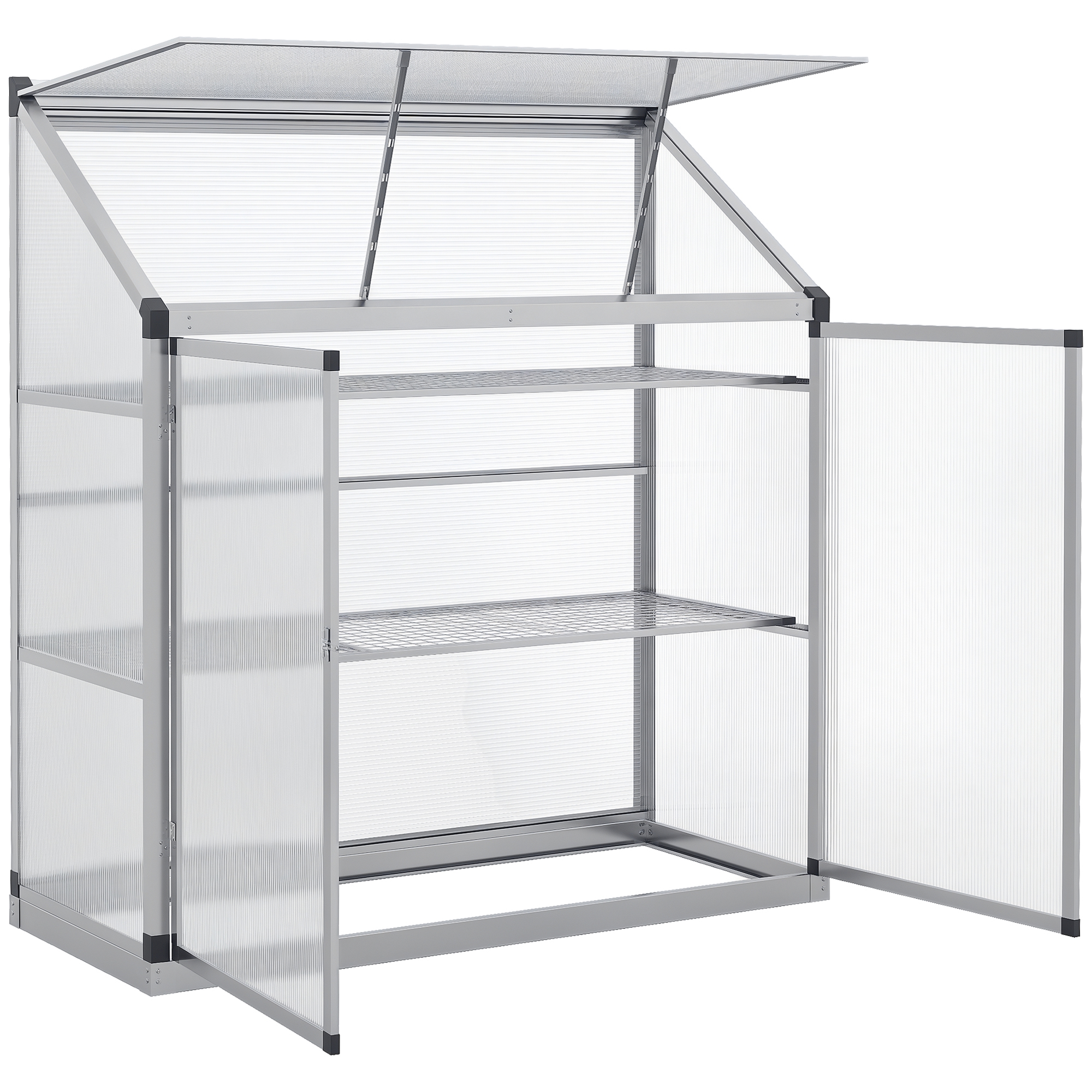 Outsunny Gewächshaus mit Fundamentrahmen, Polycarbonat-Gehäuse, 2 Regalböden, Aluminiumrahmen, 131 x 58 x 139,5 cm