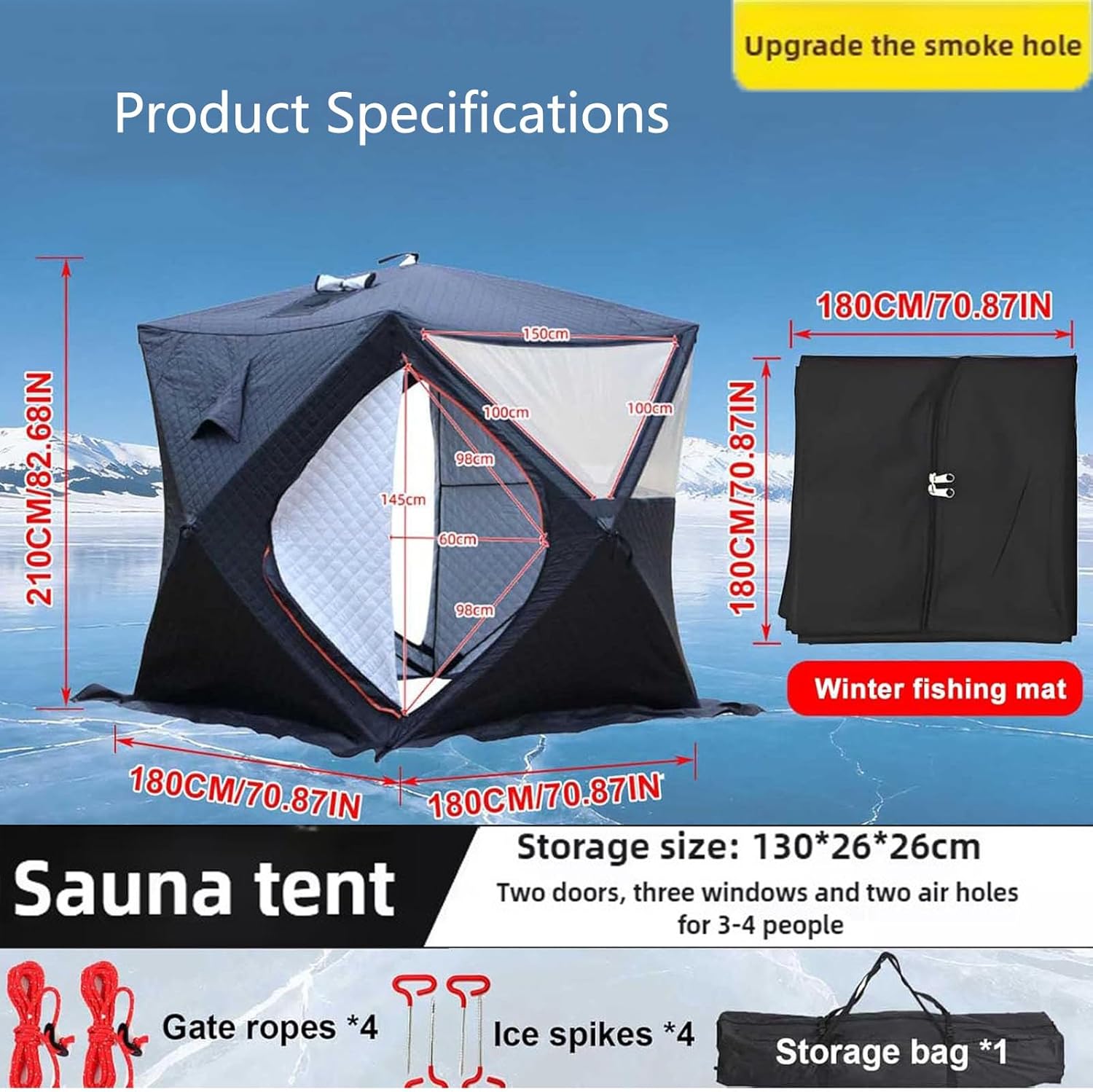 Tragbares Isoliertes Eisangelzelt Für 3-4 Personen, Ideal Für Das Eisangeln Im Freien, Großes Winterzelt Mit 4 Eishaken Und Aufbewahrungstasche, Geeignet Für Camping Und Angeln