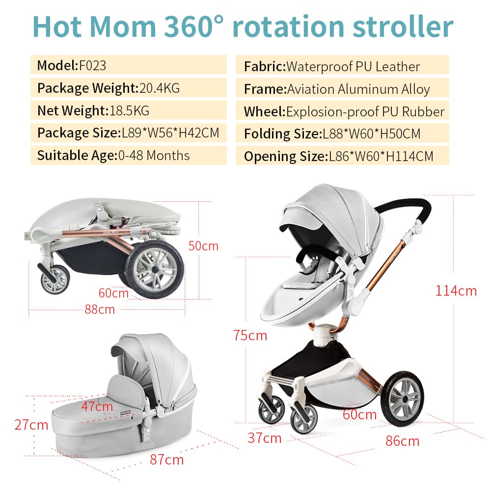 Hot Mom Kinderwagen set mit 360° Drehfunktion, Kombikinderwagen 3-in-1. Ausgestattet mit PU-Reifen und Kunstledersitz und viele weitere Zubehören, Dunkelgrau