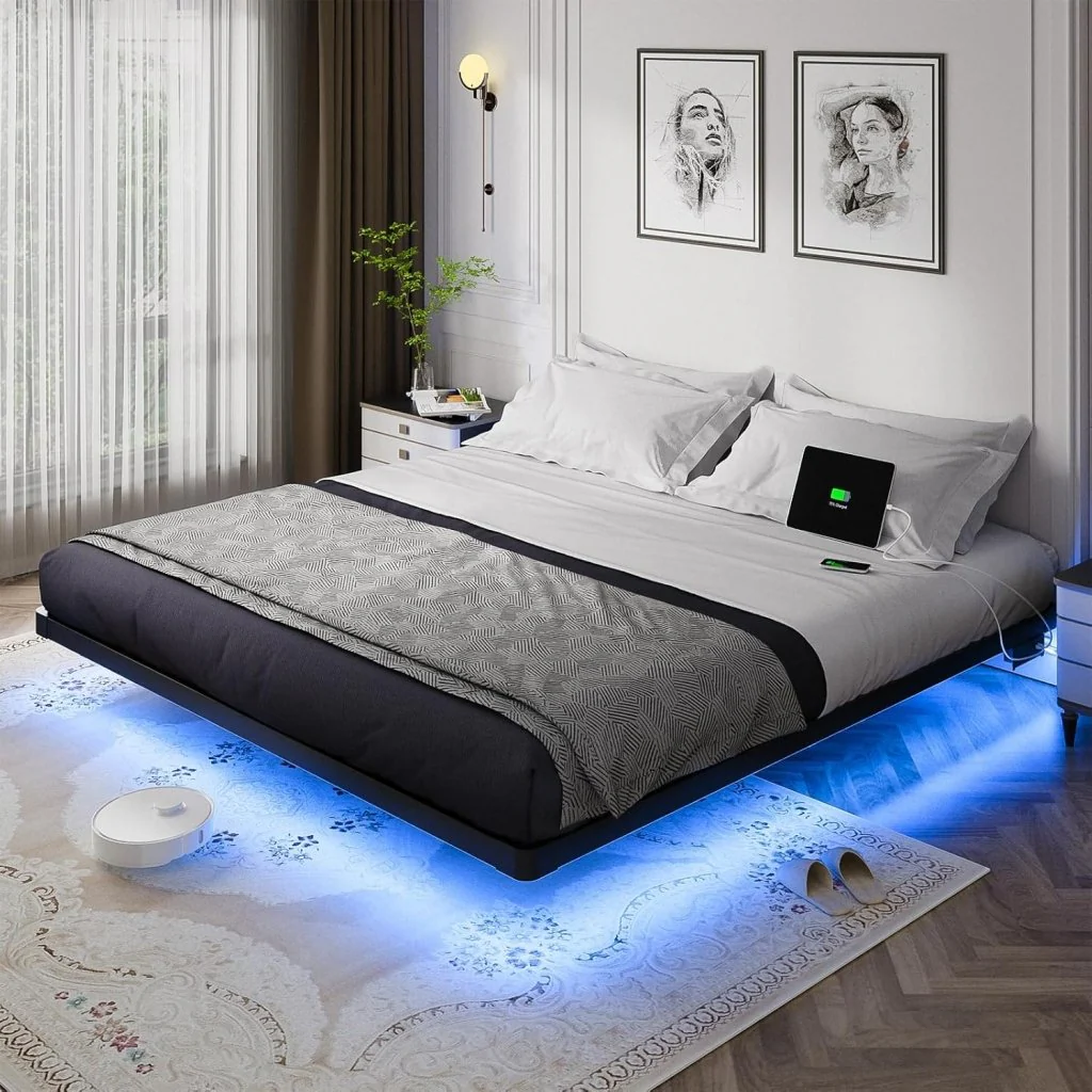 OLEVS Floating Bed Frame Queen Size with Smart LED Lights and Charging Station - Modern Metal Platform Bed, Easy Assembly No Box Spring Needed
