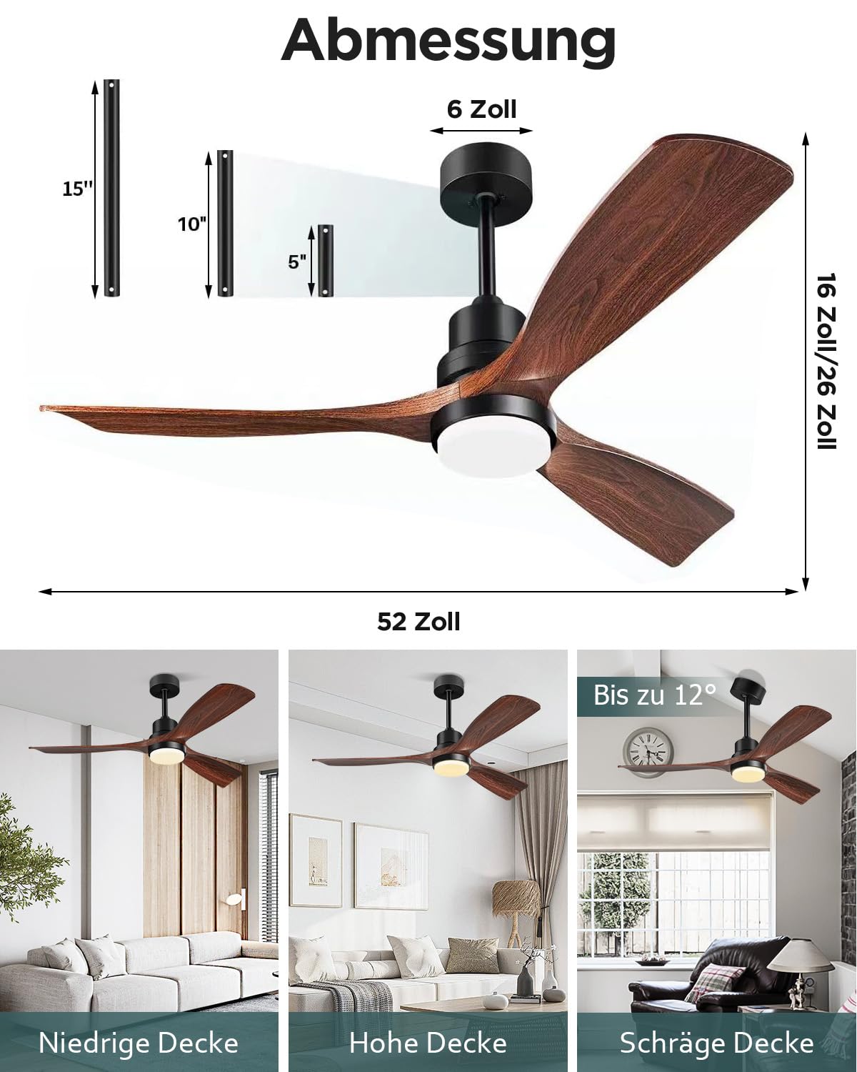 Forrovenco Deckenventilator mit Beleuchtung 3 Flügel ETL zertifiziert 132 cm Durchmesser braun für Wohnräume