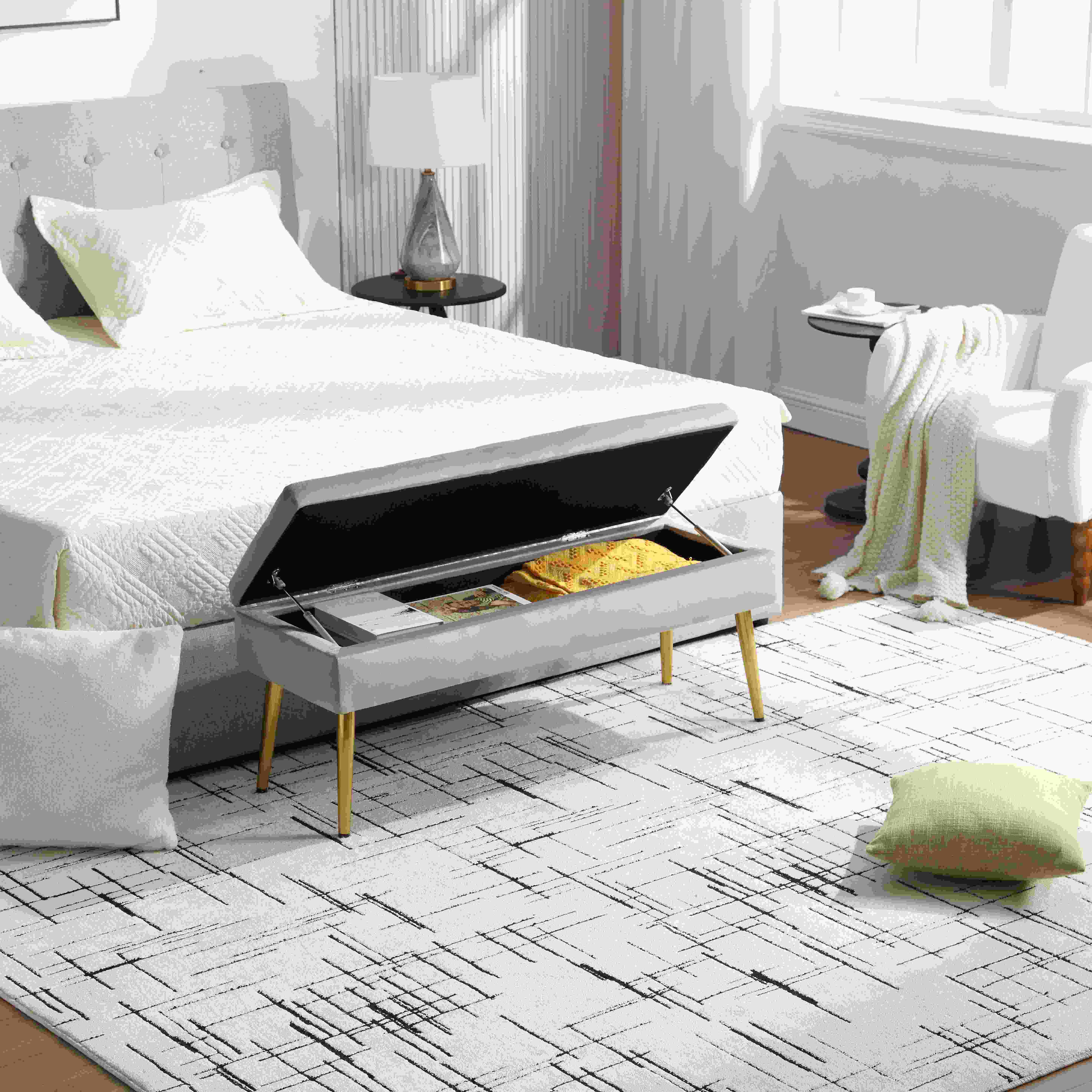 Moderne minimalistische Aufbewahrungshocker mit goldenen Metallbeinen, gepolsterte Samtbank, für Schlafzimmer, Wohnzimmer, Eingangshalle, Grau