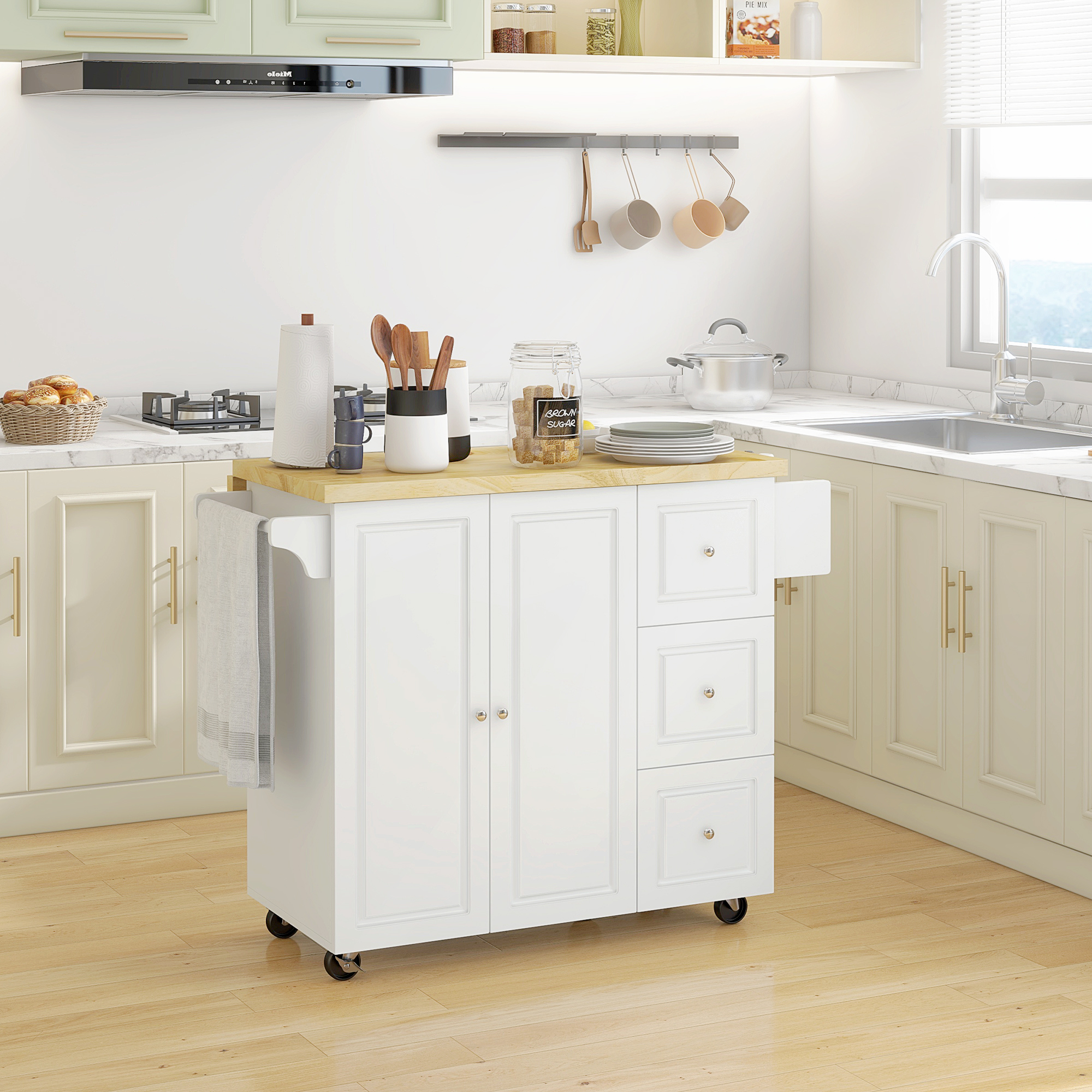 HOMCOM Küchenwagen, Kücheninsel mit erweiterbarer Arbeitsplatte, Servierwagen, Küchenschrank mit Rollen, Schublade und verstellbares Regal, Gummiholz, MDF, Weiß+Natur, 111,5 x 45-75 x 89 cm