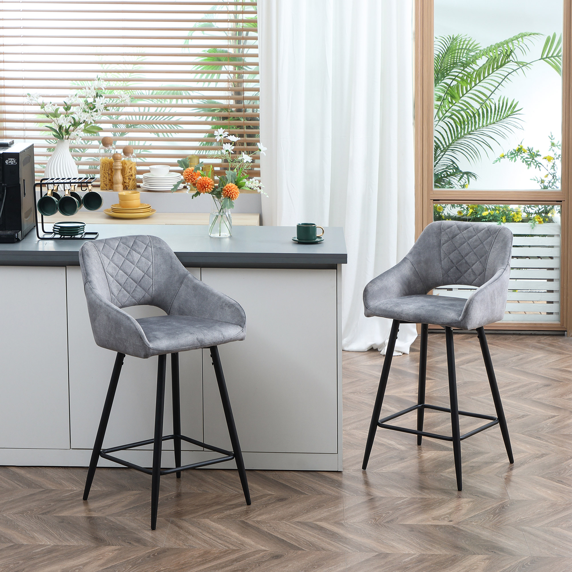 HOMCOM 2er-Set Barhocker im Retrodesign, Samtoptik, inkl. Fußstütze 50 cm x 56 cm x 98 cm Grau